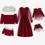 Family Matching Color-block Tops and Flutter Mesh Dresses Sets Burgundy image 2