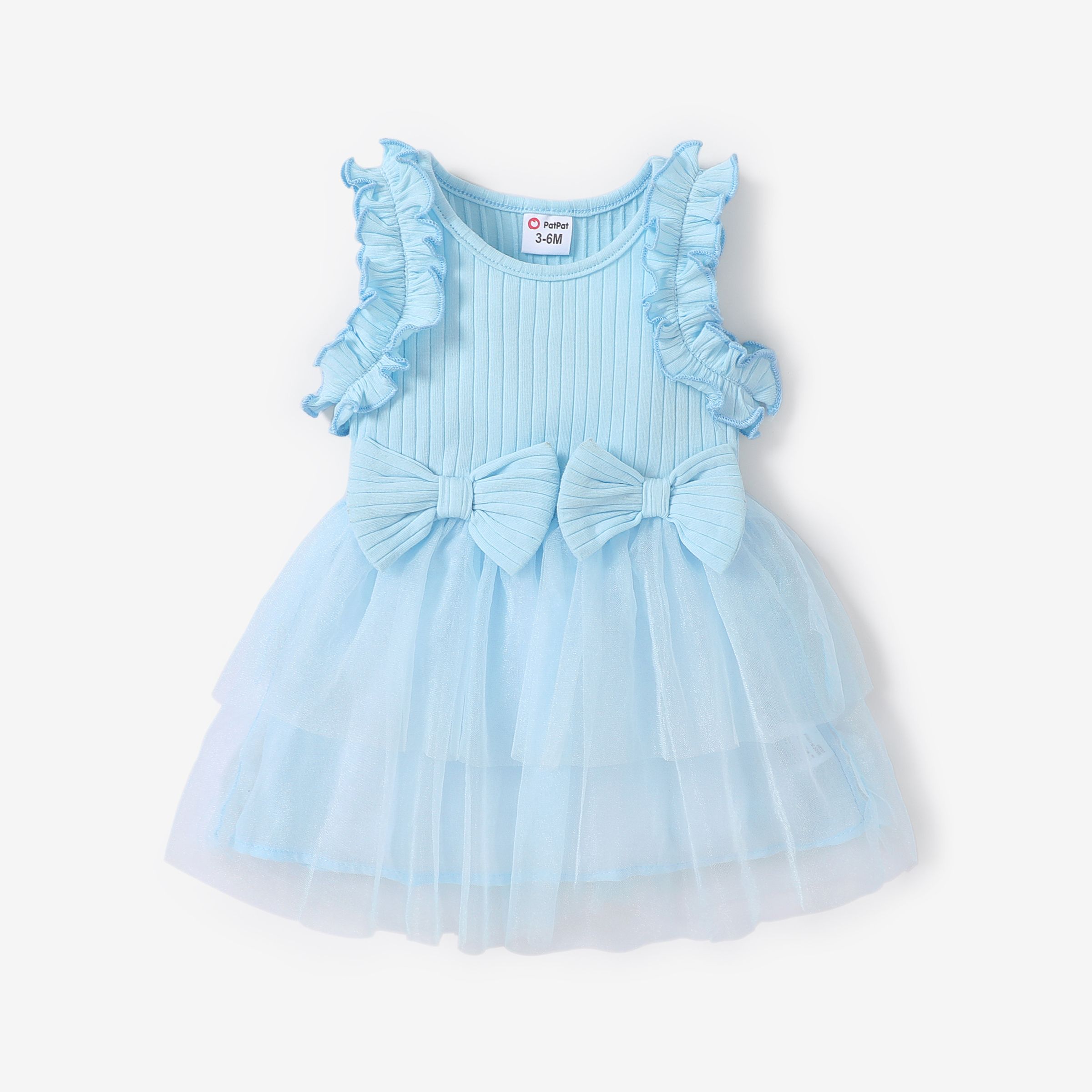 Baby Girl Bow Decor Mesh Panel Rib-knit Ruffled Tank Dress
