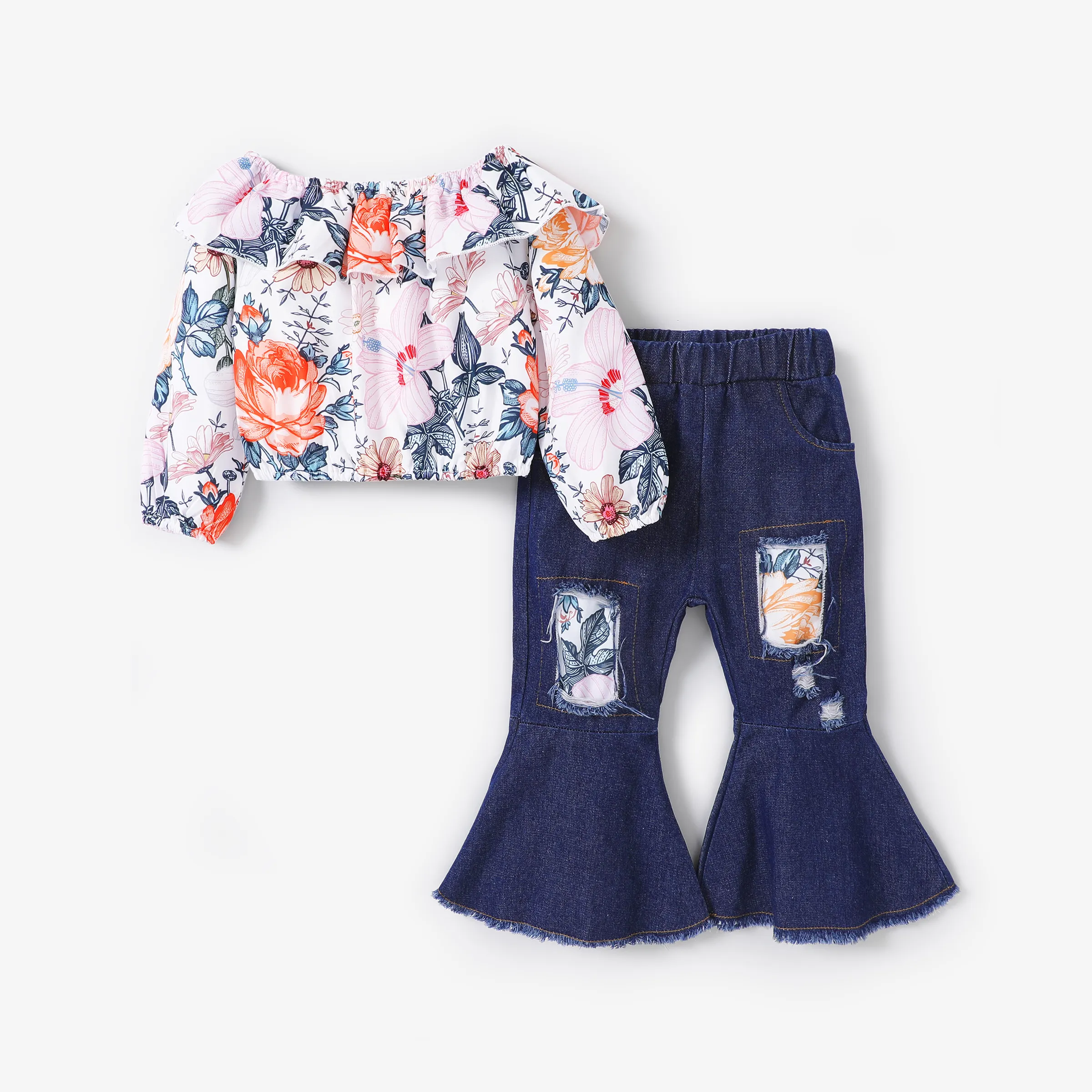 2pcs Toddler Girl Grand Motif Floral Épaule Dénudée Top Et Jeans Ensemble