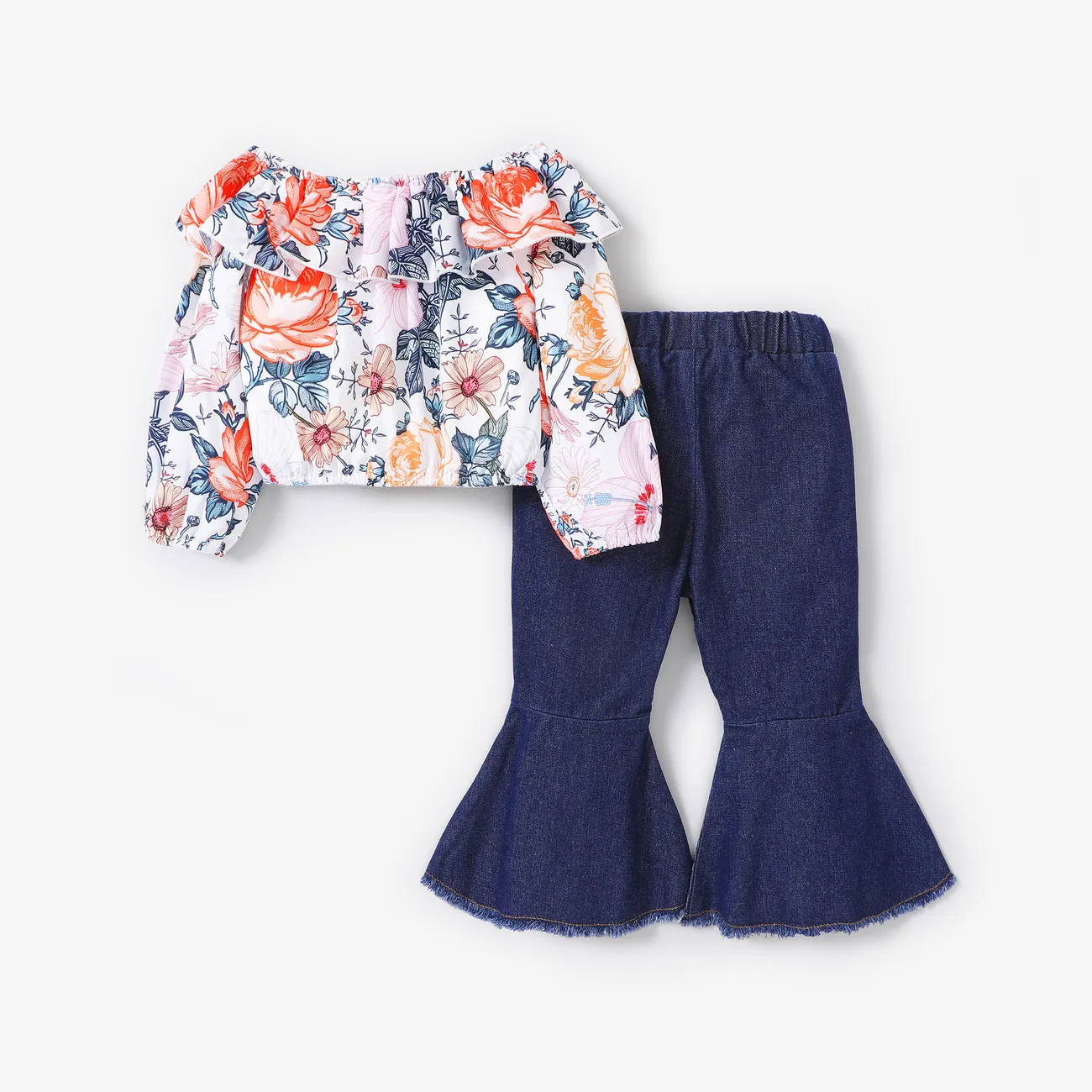 2pcs Toddler Girl Big Floral Pattern Off-Shoulder Top and Jeans Set Multi-color big image 1