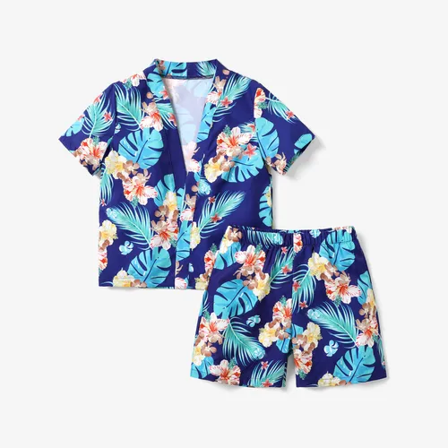 2pcs Kid Boy Tropical Floral Swimsuits Set