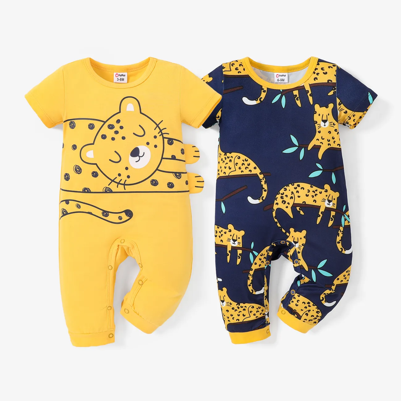 Baby Boy Peopard Print Short Sleeve Jumpsuit Yellow big image 1