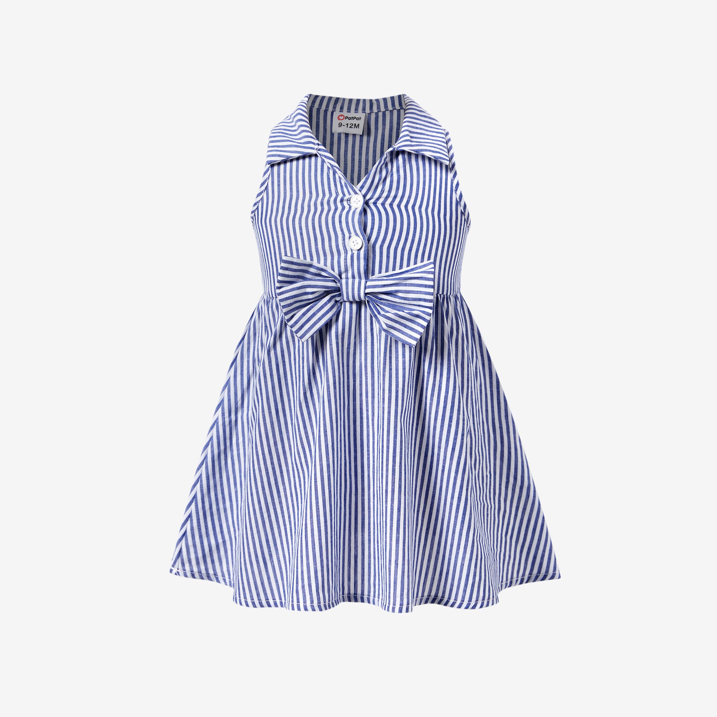Mommy And Me Ruched Button Down Collared Striped Sleeveless Cotton Bodycon Dresses