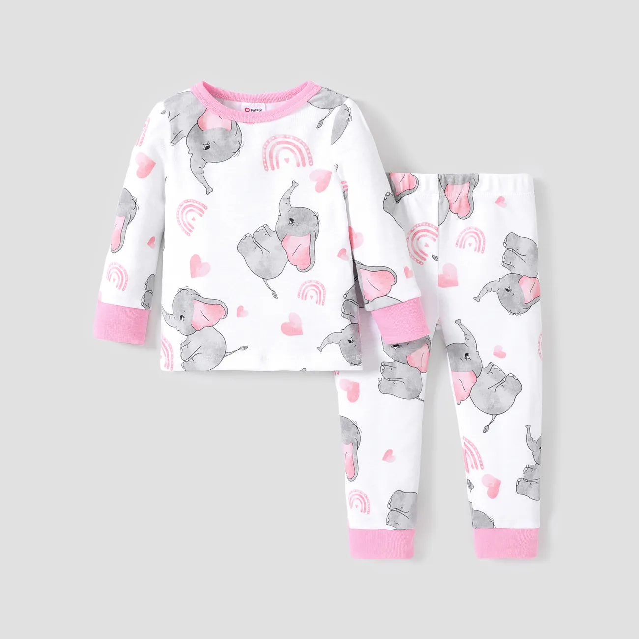 2pcs Baby/Toddler Girl/Boy Elephant and Dinosaur Print Pajamas Set Pink big image 1