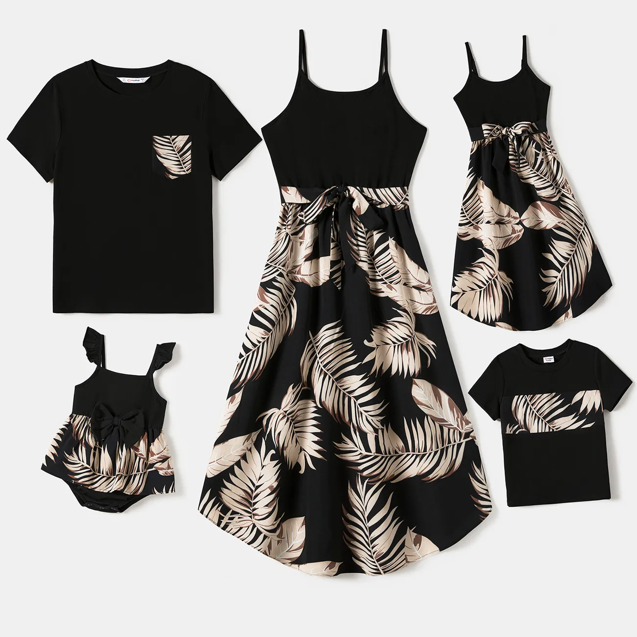 Family Matching Floral Print Belted Cami Dresses And Solid Short Sleeve Tops Sets Black big image 1