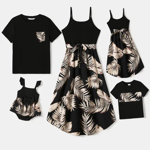 Family Matching Floral Print Belted Cami Dresses And Solid Short Sleeve Tops Sets