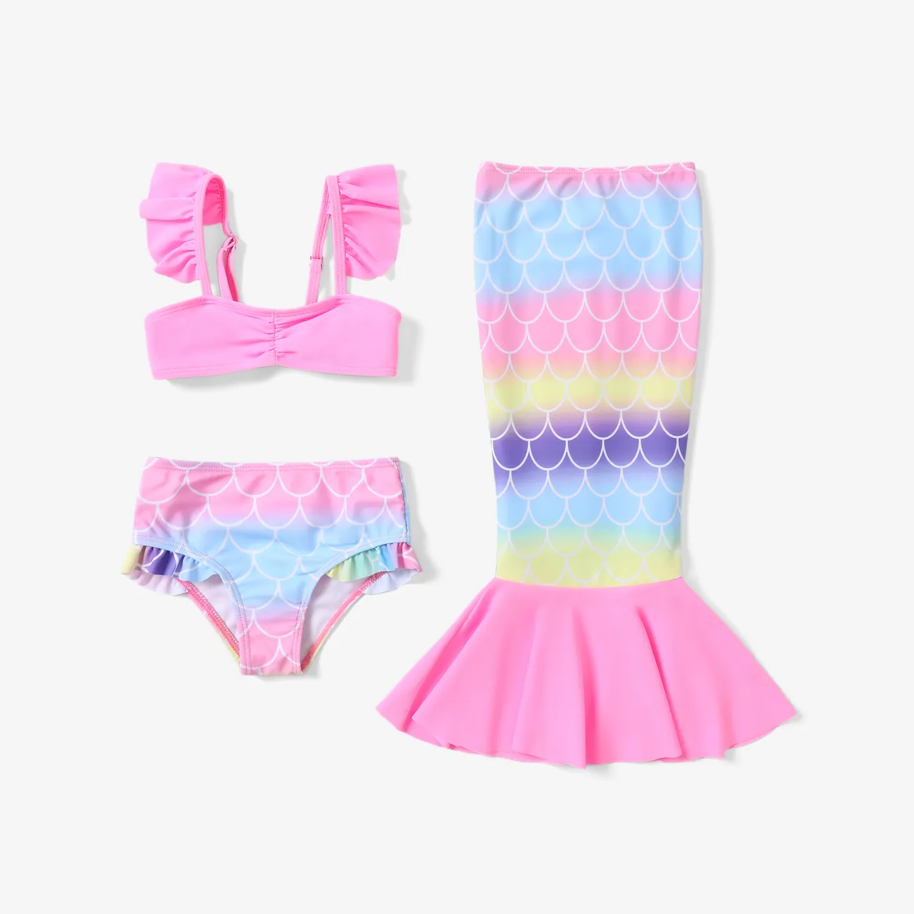 3件套幼兒/兒童美人魚荷葉邊泳裝套裝 粉色 big image 1
