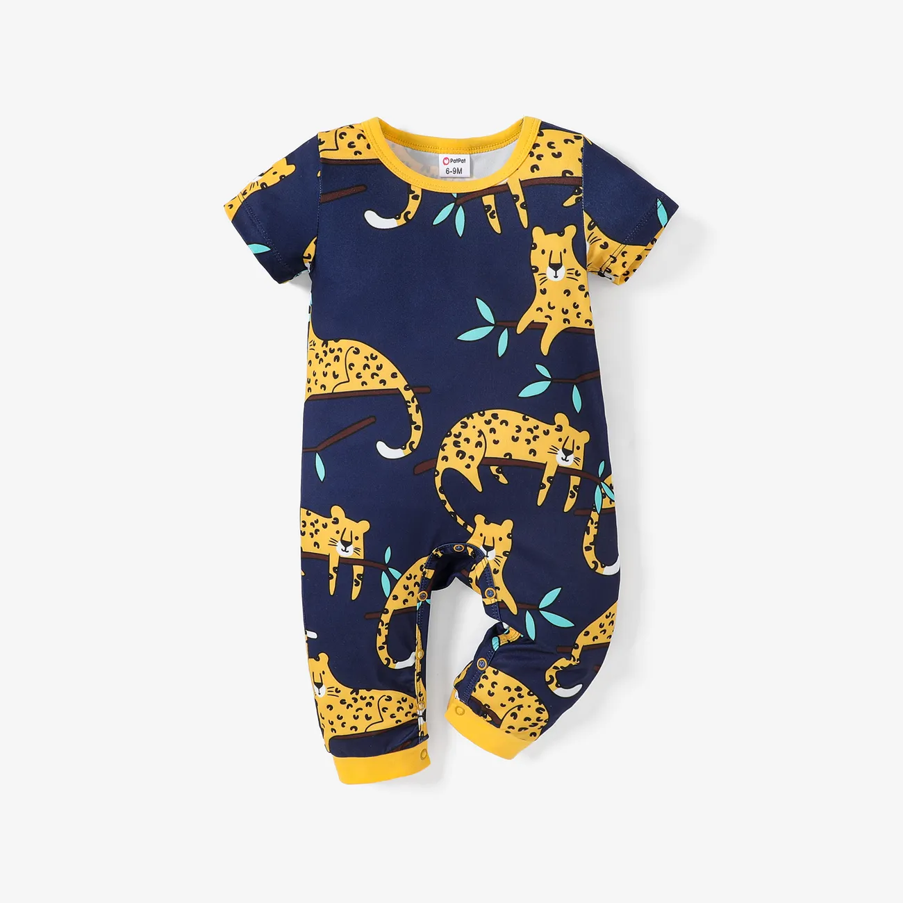 Baby Boy Peopard Print Short Sleeve Jumpsuit DeepBlue big image 1