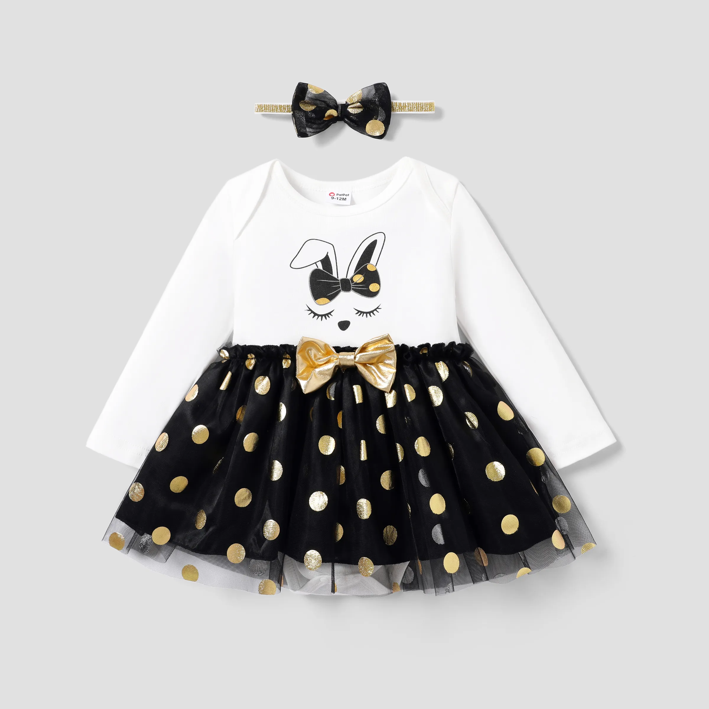 2pcs Baby Girl Sweet Rabbit Cotton Golden Polka Dots Mesh Romper Set
