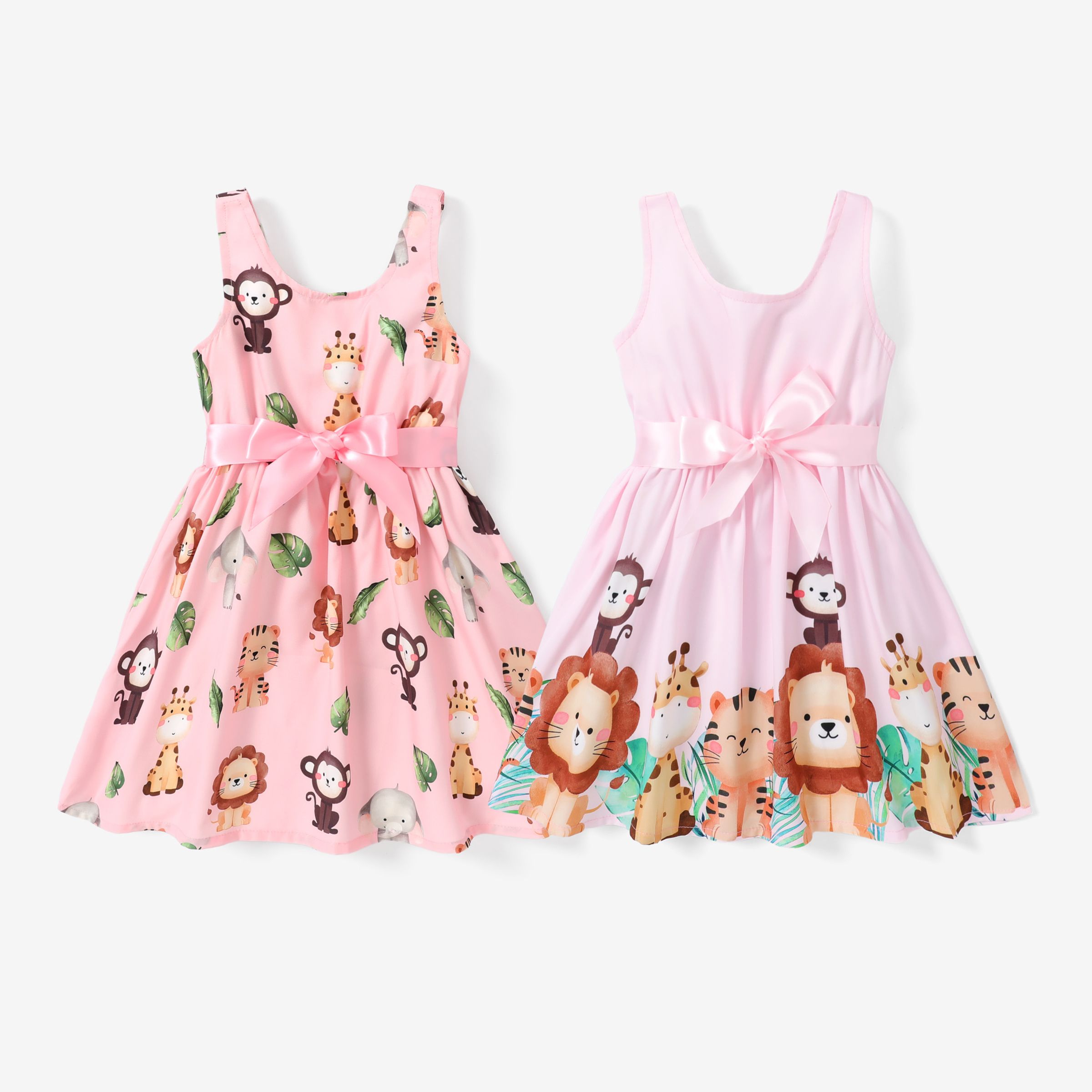 Sweet Lion Toddler Girl Dress Set - Robe Sans Manches à Motif Animal à Col Carré, 2pcs