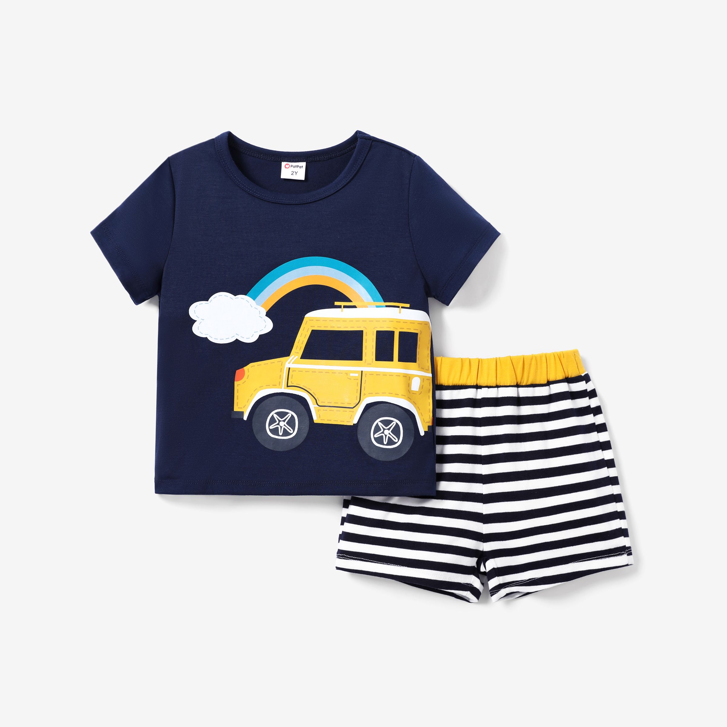 2pcs Toddler Boy  Fabric Stitching Childlike Vehicle Top and Pants Set