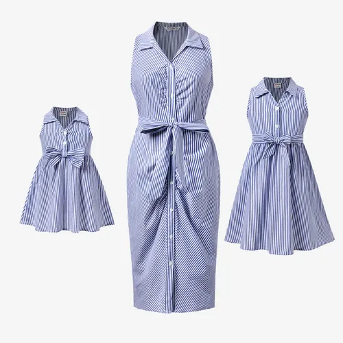 Mommy and Me Ruched Button Down Collared Striped Sleeveless Cotton Bodycon Dresses