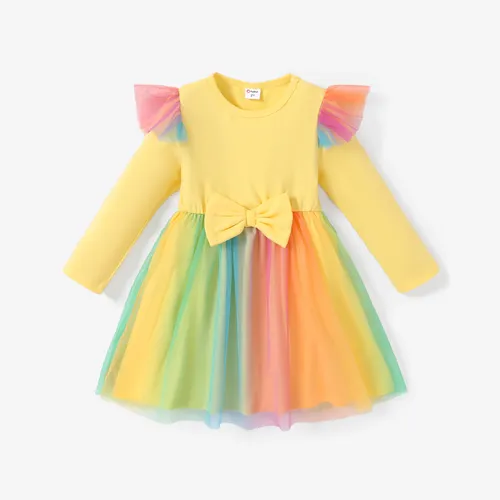 Menina criança colorida malha multi-camada vestido com mangas Flutter
