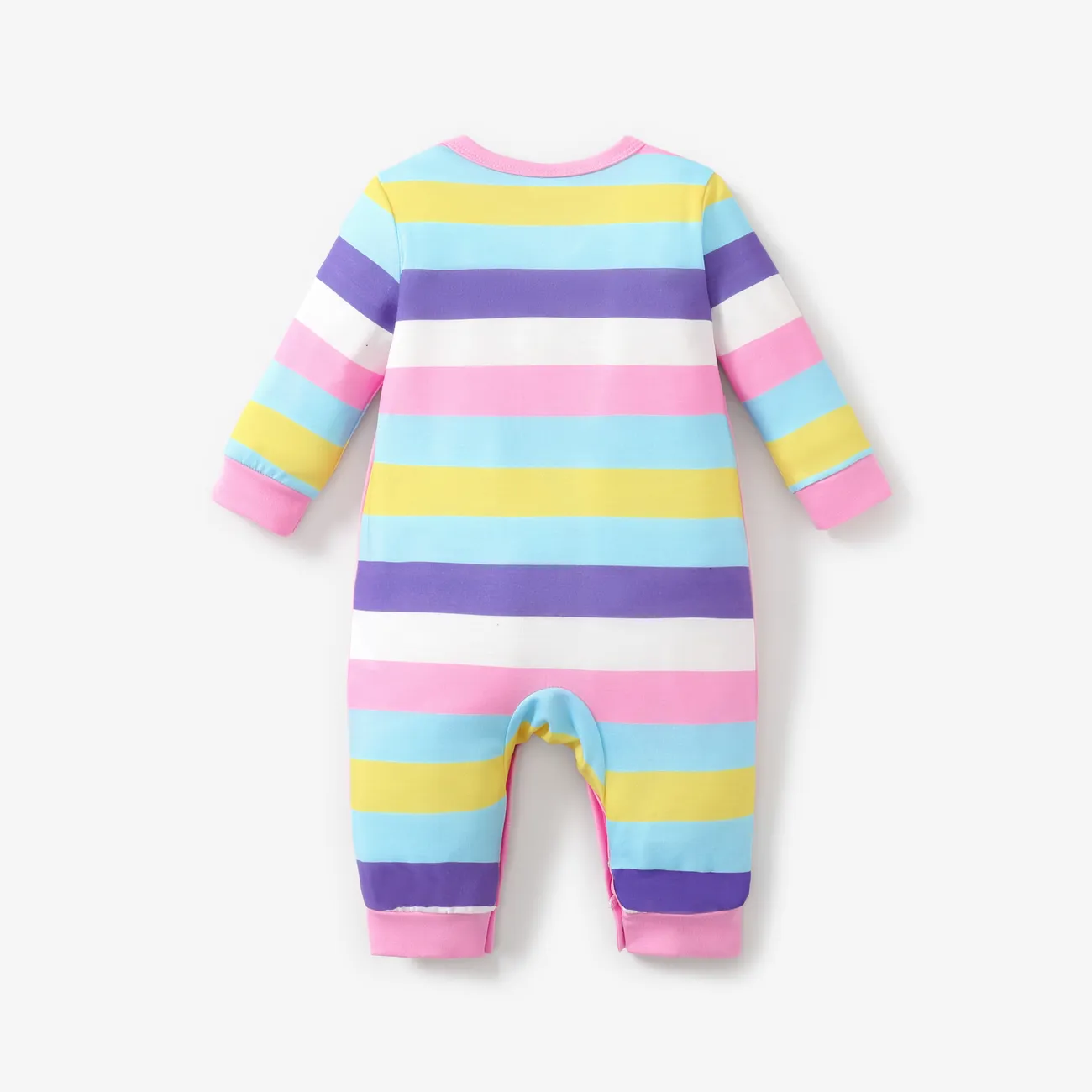 Baby Girl Sweet Cat and Stripe Pattern Long Sleeve Jumpsuit Pink big image 1