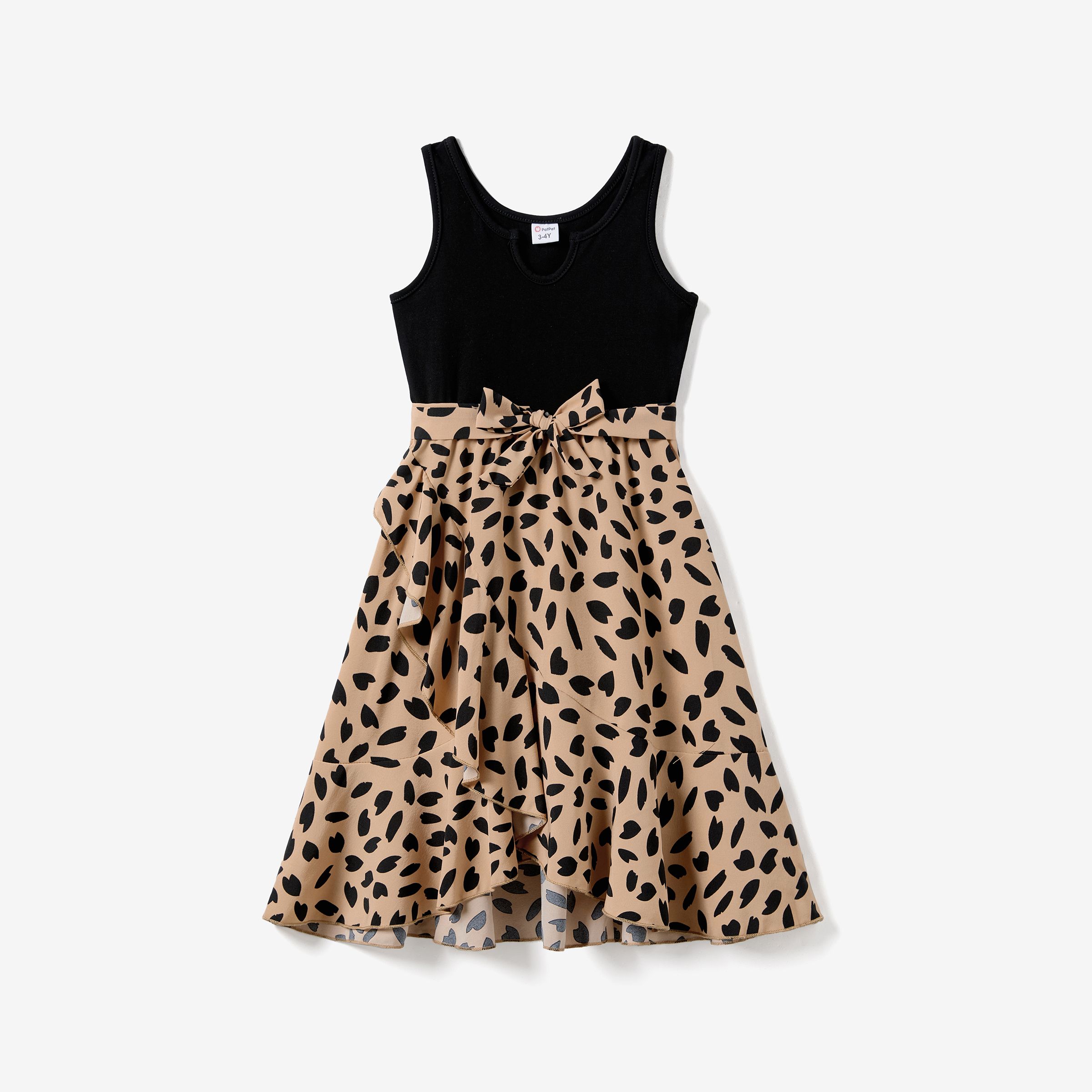 Mommy And Me Black Tank Top Splicing Leopard Print Frill Wrap Dresses
