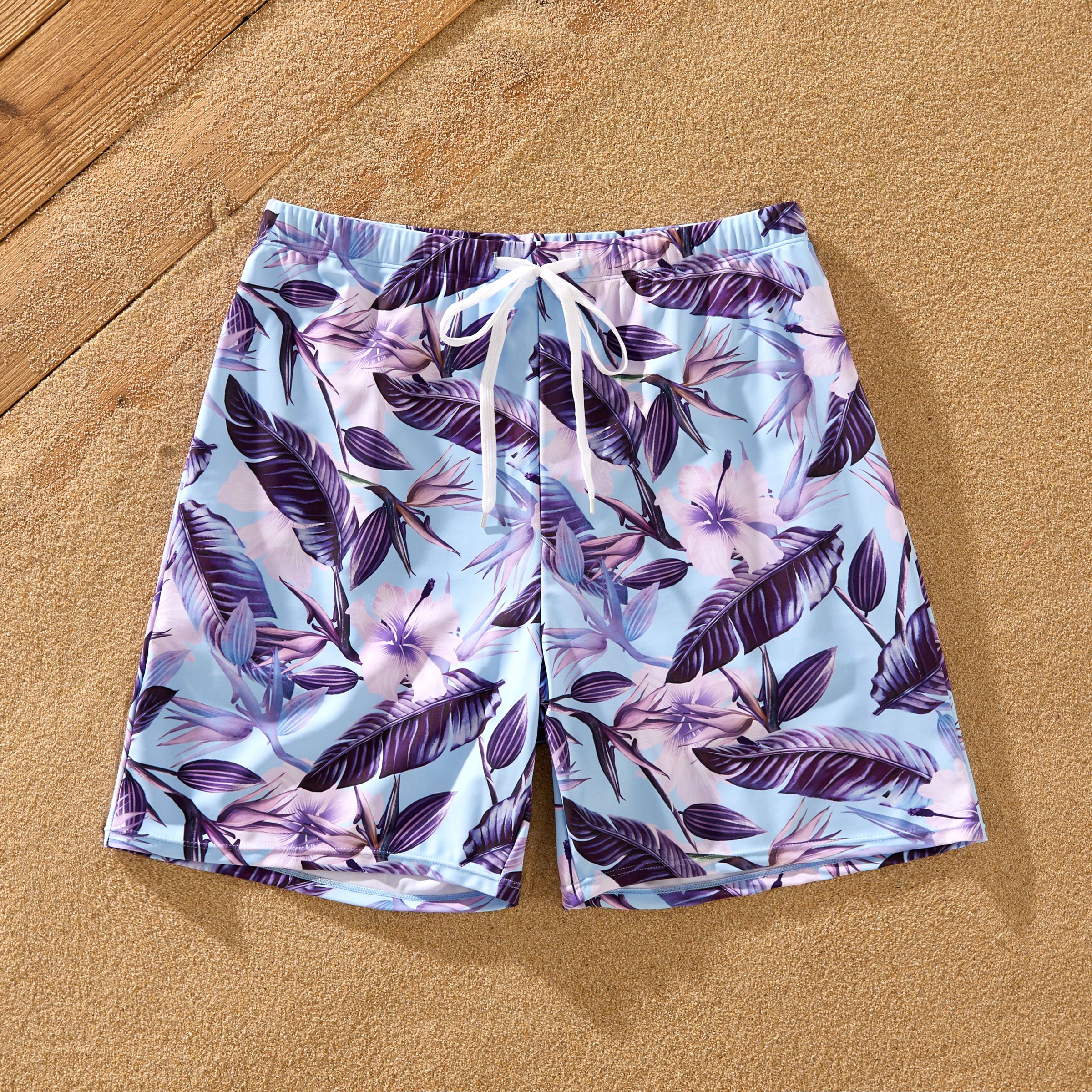 Family Matching Blue And Purple Floral Swim Trunks Or Ruffle Sleeves Swimsuit