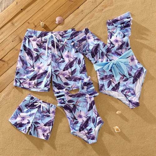 Family Matching Blue and Purple Floral Swim Trunks or Ruffle Sleeves Swimsuit