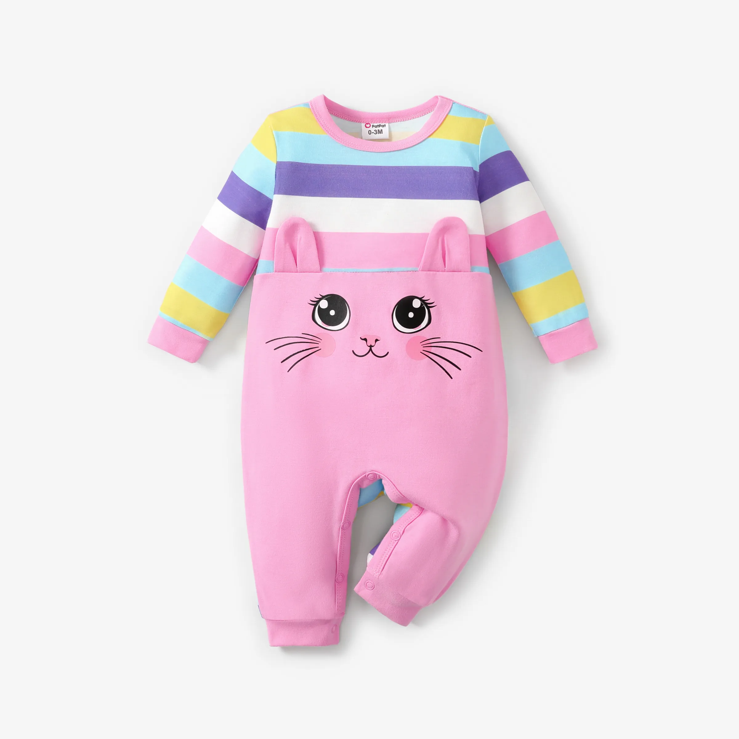 Baby Girl Sweet Cat and Stripe Pattern Long Sleeve Jumpsuit