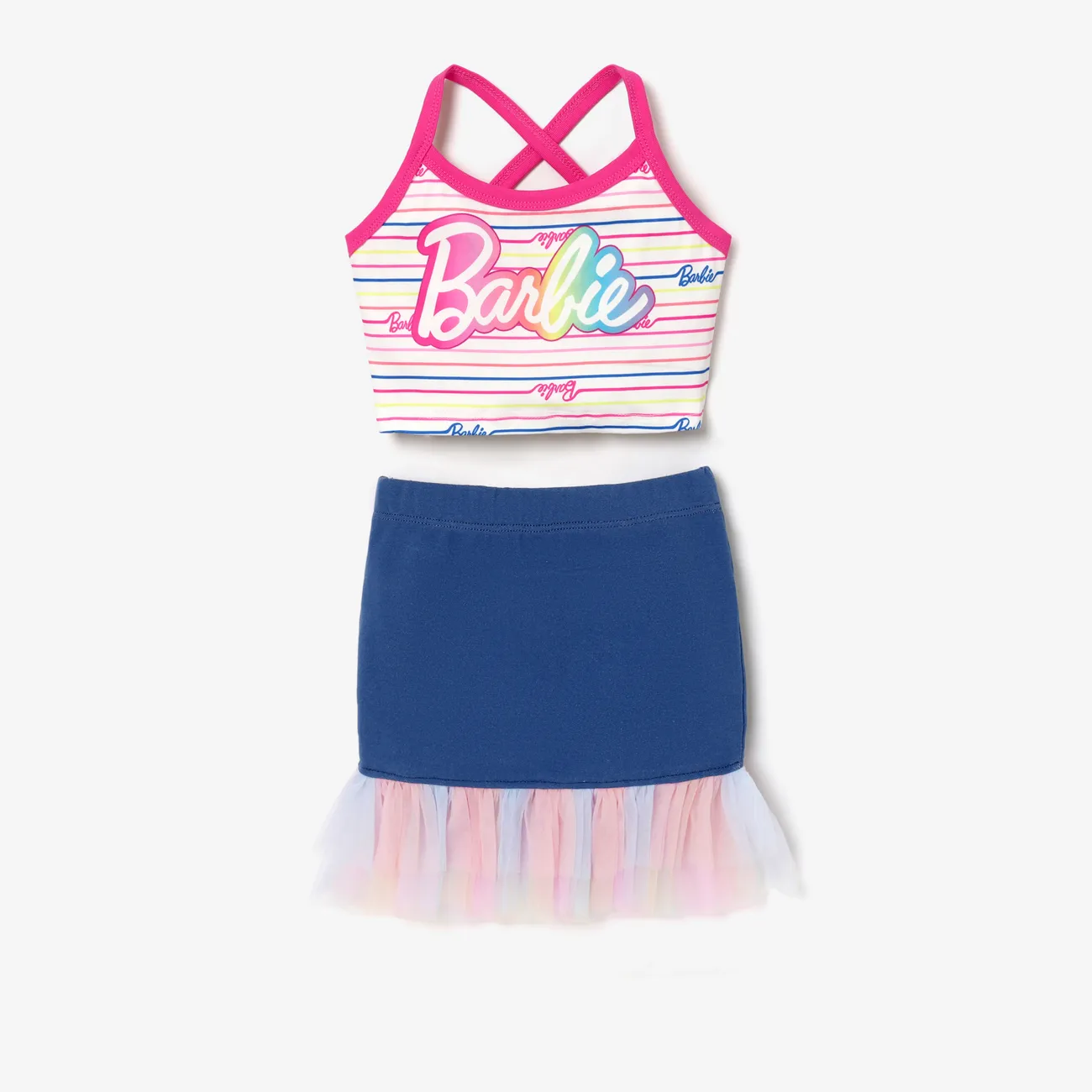 Barbie 2pcs Toddler/Kids Girls Rainbow Suspender Stripe Letter Gradient Cropped Top Paired with Knitted Denim Hip Skirt sets Colorful big image 1
