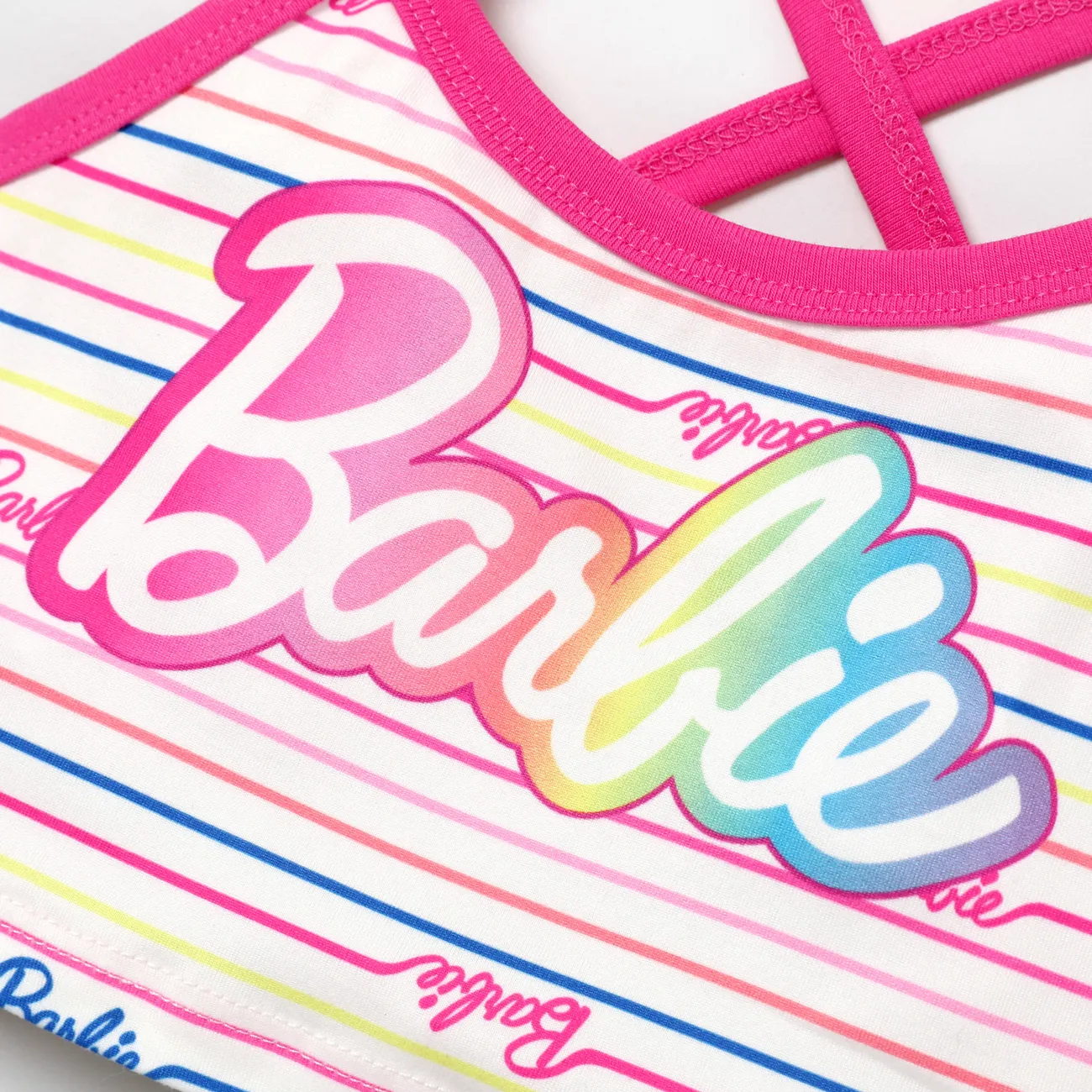 Barbie 2pcs Toddler/Kids Girls Rainbow Suspender Stripe Letter Gradient Cropped Top Paired with Knitted Denim Hip Skirt sets Colorful big image 1
