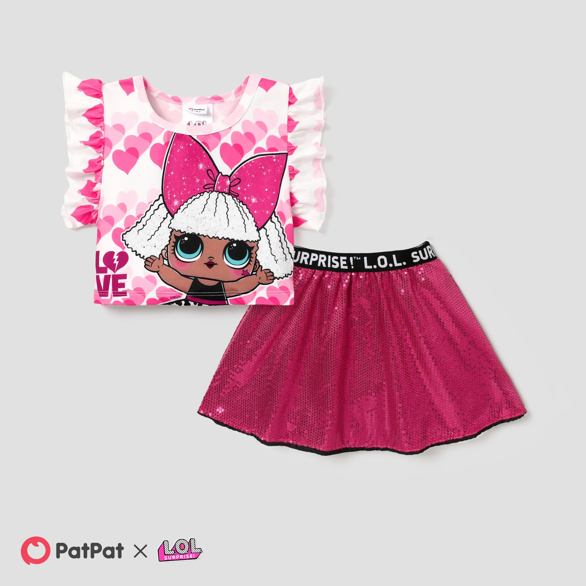 L.O.L. SURPRISE! Valentine's Day Toddler Girl's Patterned Ruffle Sleeve Cropped Top with Sequin Glitter Sweet Suit Skirt