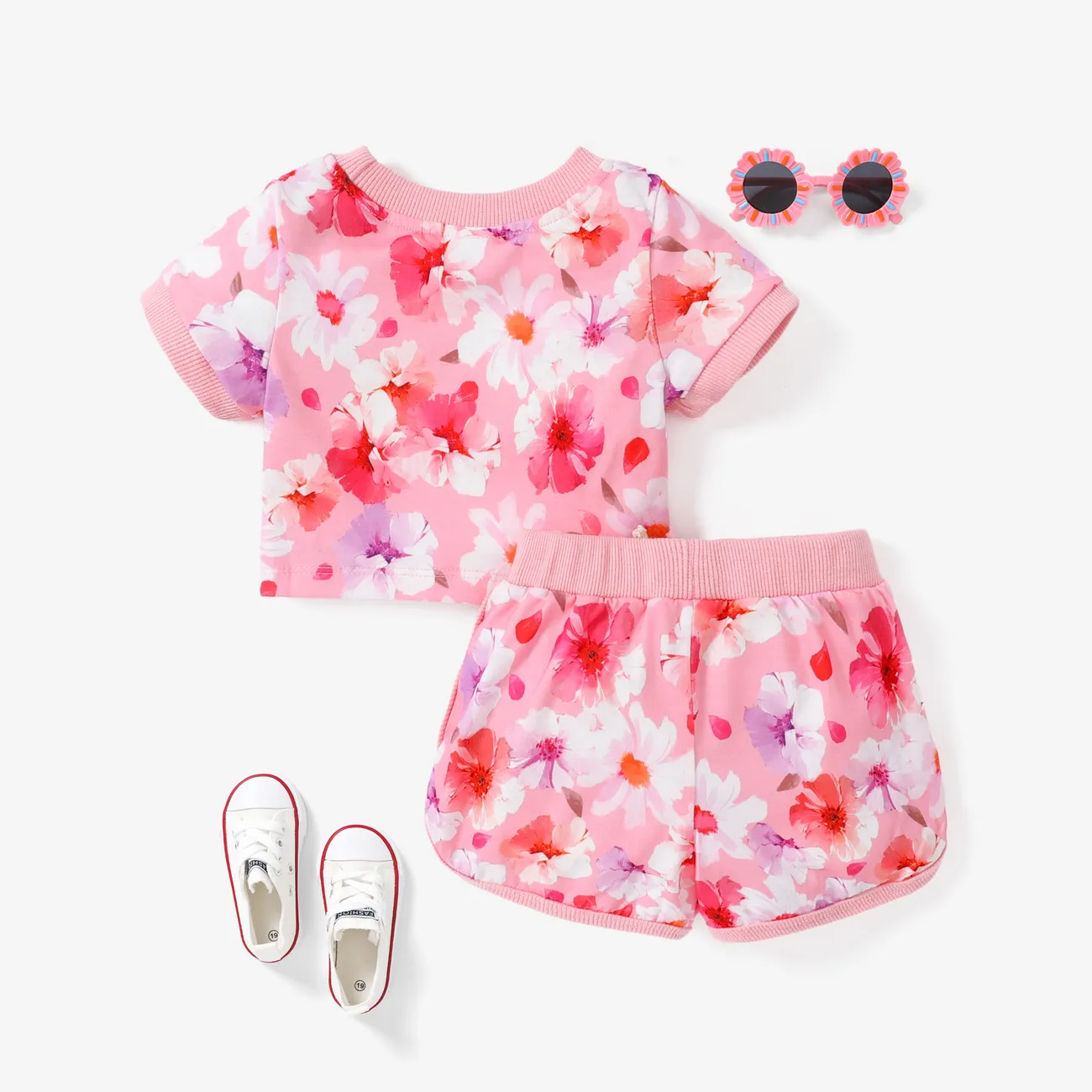2PCS Baby Girl Sweet Flower Pattern Tee and Shorts Set Pink big image 1