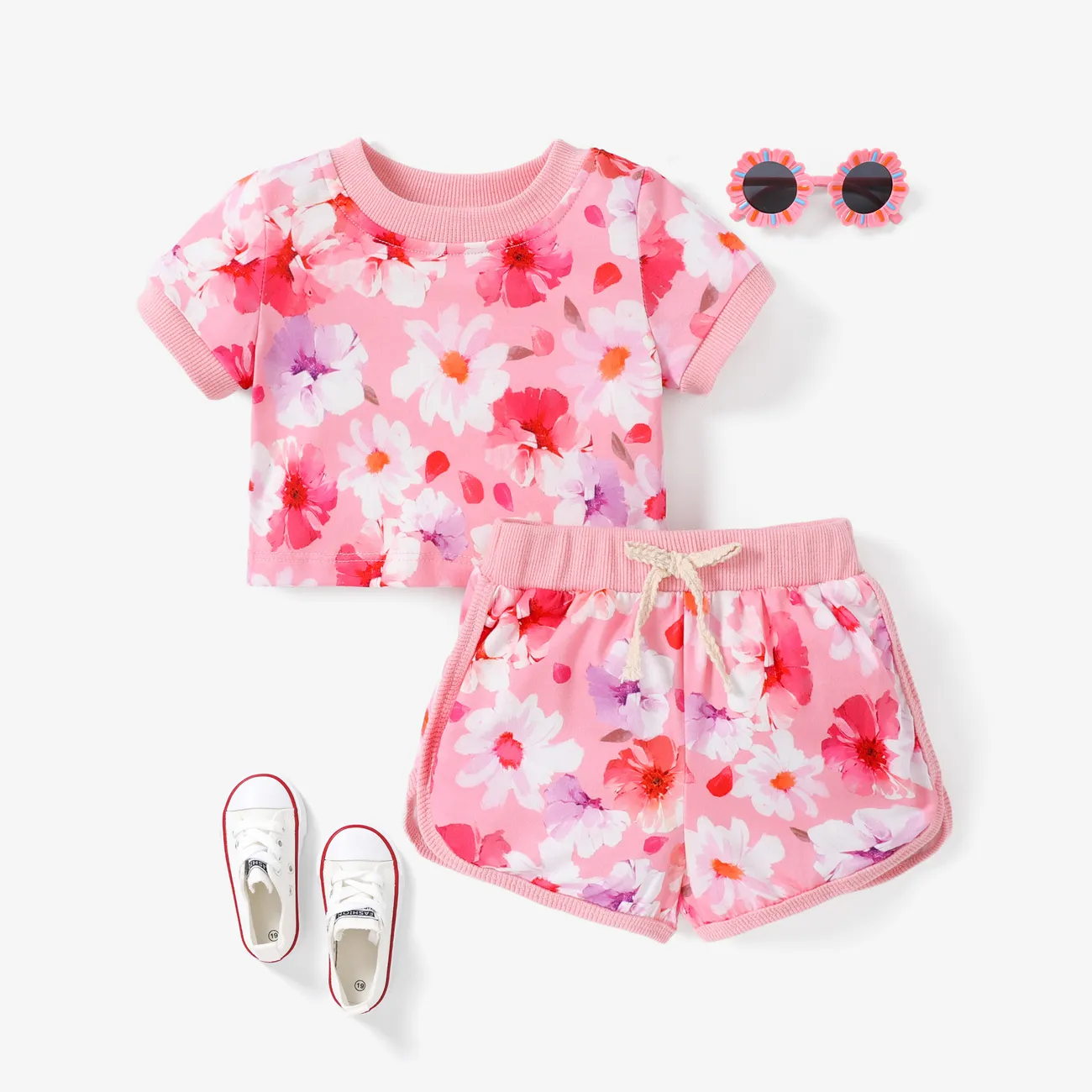 2PCS Baby Girl Sweet Flower Pattern Tee and Shorts Set Pink big image 1