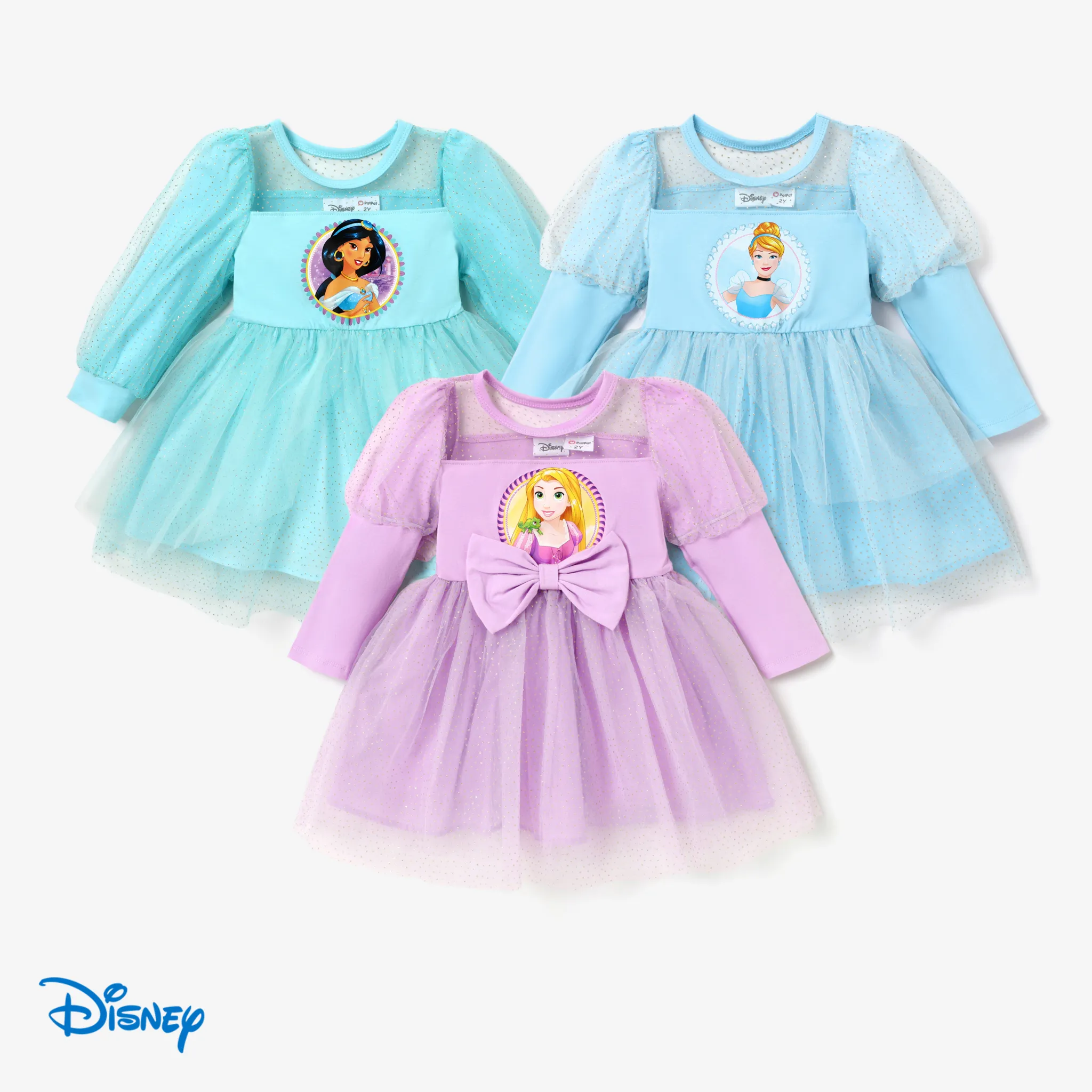 Disney Princess Toddler Girl Character Pattern Long-sleeve Mesh Dress