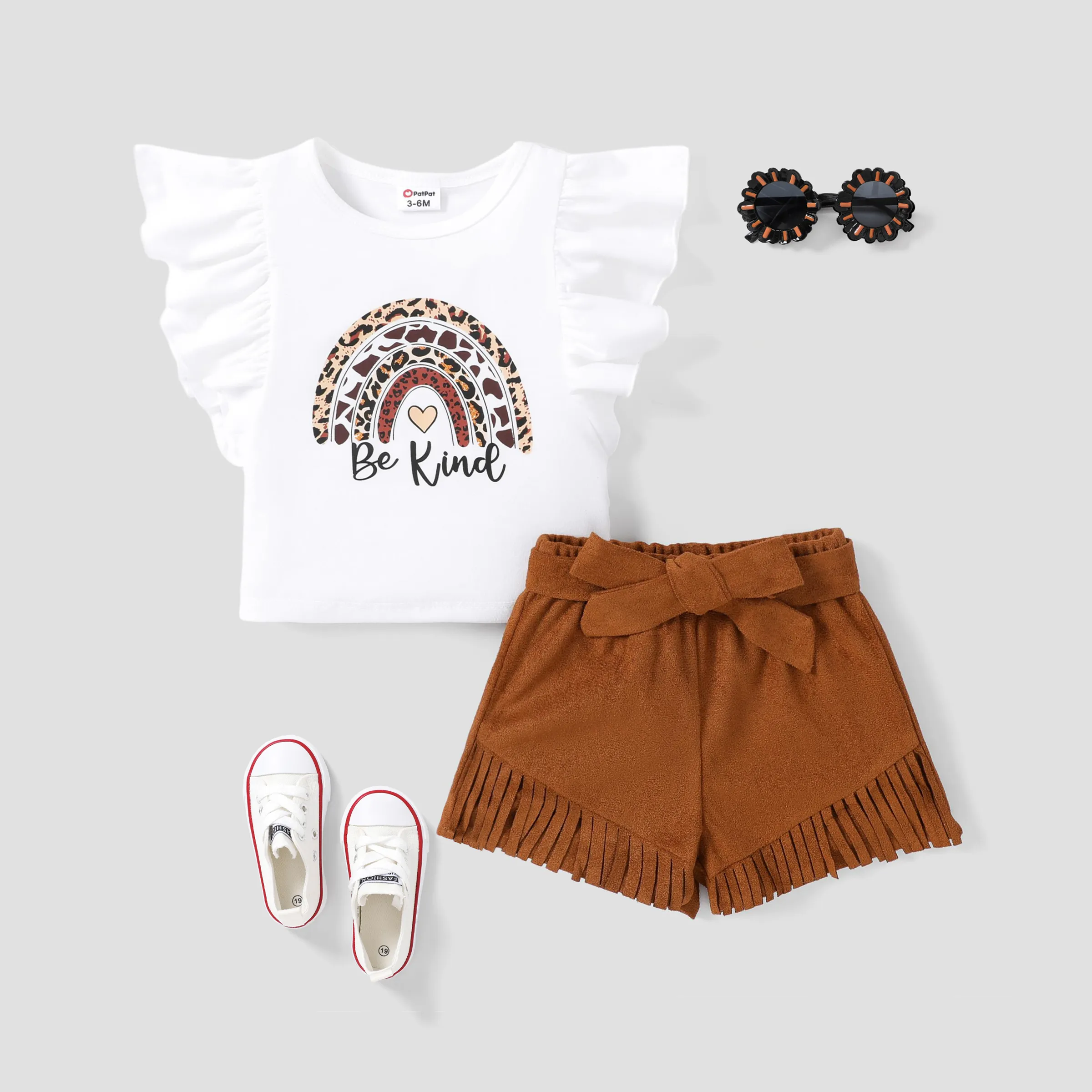 3pcs Baby Girl Letter Print Flared Top And Tasseled Short With Belt Set