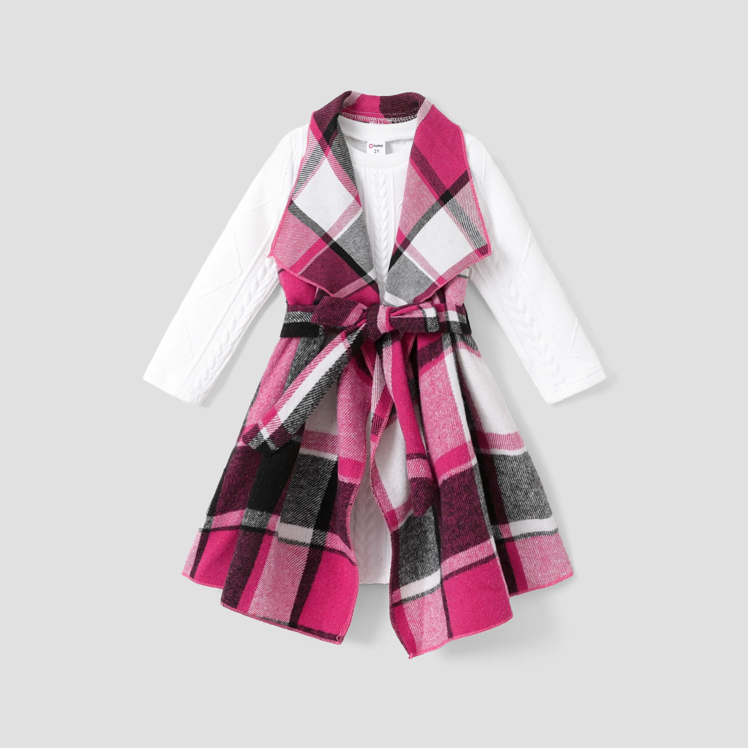 2PCS Toddler Girl Asymmetrical Hemline Classic Grid  Dress Set  Hot Pink