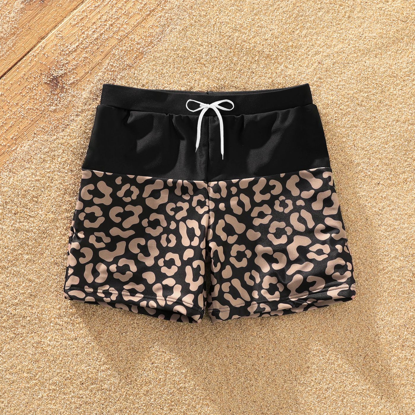 Family Matching Leopard Splice Black Swim Trunks Shorts And One Shoulder Self Tie One-Piece Swimsuit