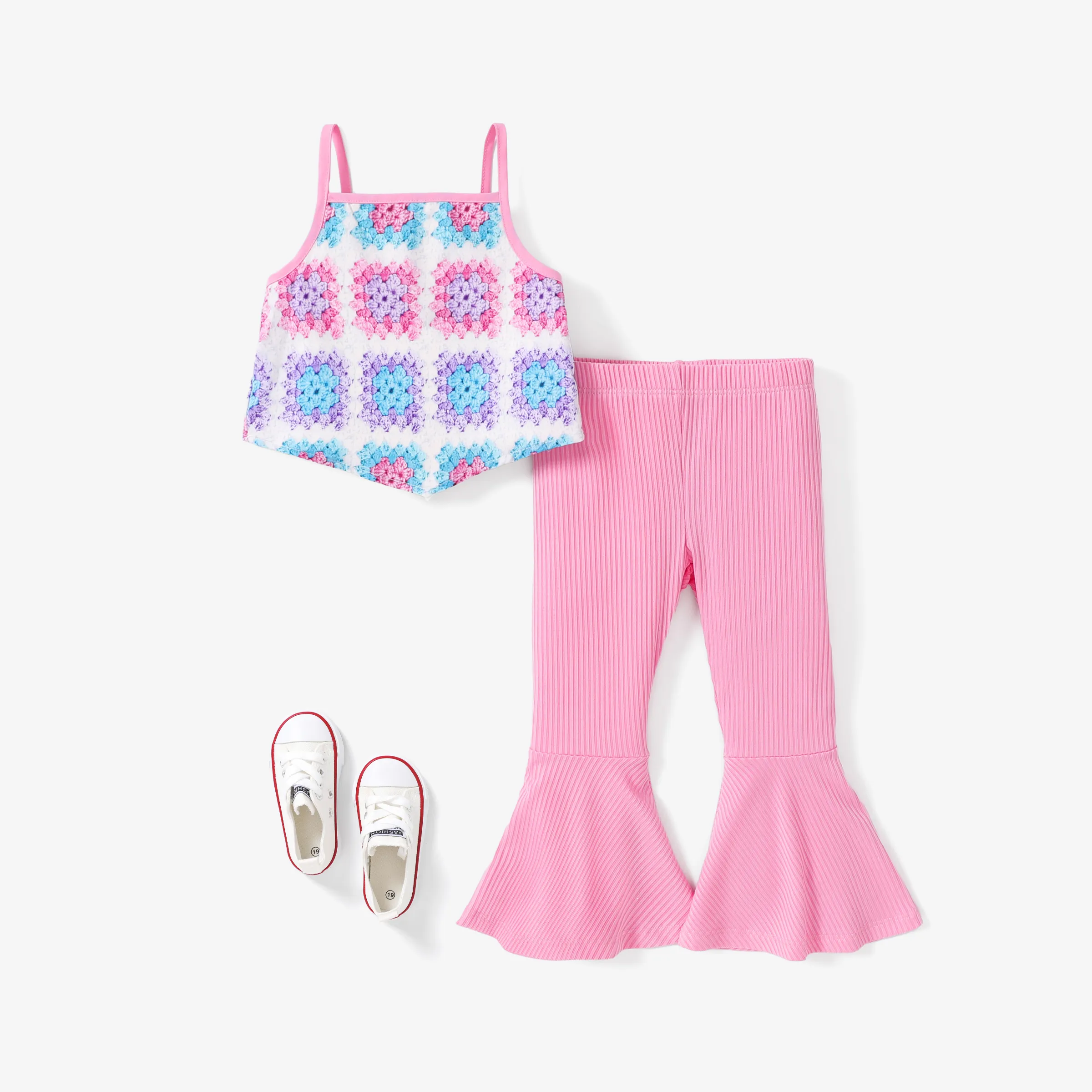 2pcs Toddler Girl Sweet Geometric Print Cami Top and Flared Pants Set