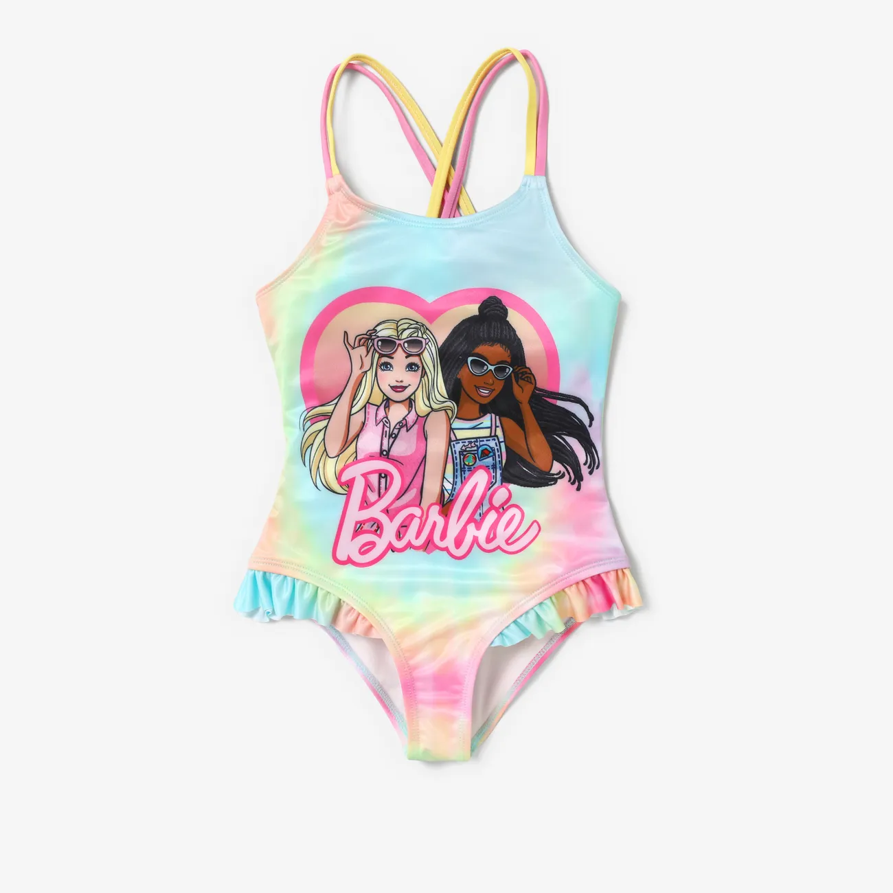 Barbie ToddlerGirl /Kid Girl Heart pattern Tyedyed Ruffled edge swimsuit Pink big image 1