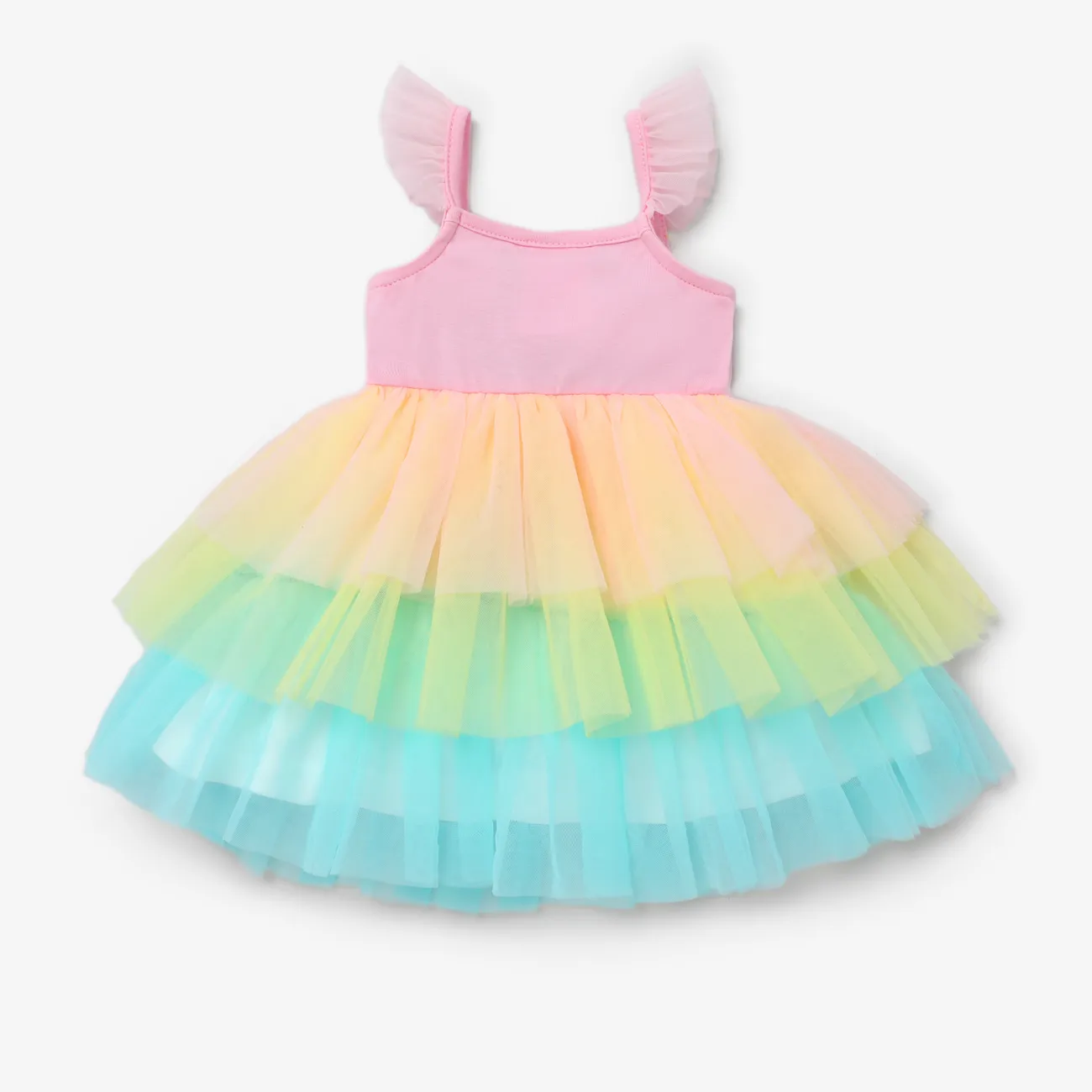 Barbie 1pc Baby/Toddler Girls Letter Gradient Rainbow Mesh Ruffled Dress Pink big image 1