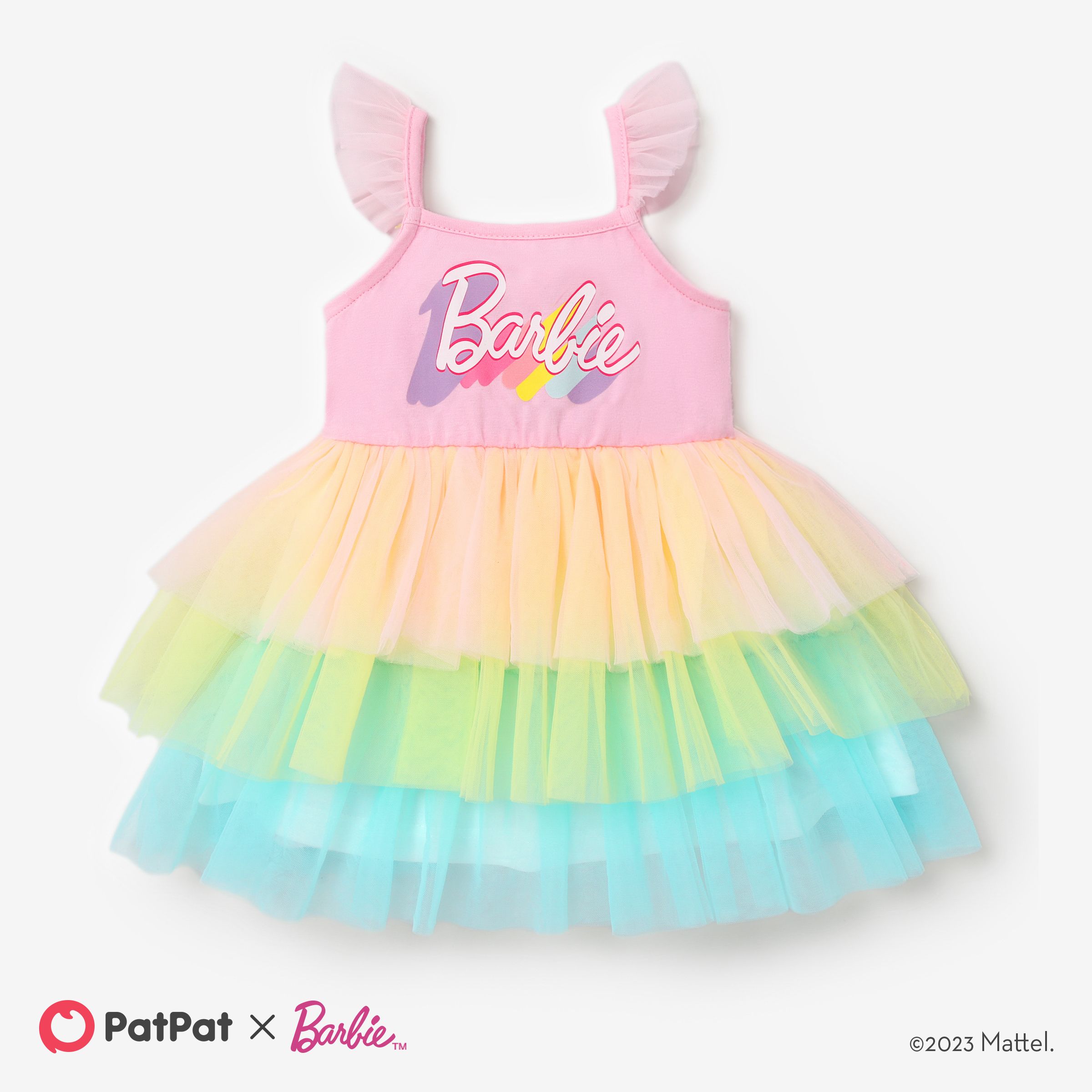 芭比娃娃 1 件裝嬰幼兒女孩字母漸變彩虹網眼荷葉邊連衣裙