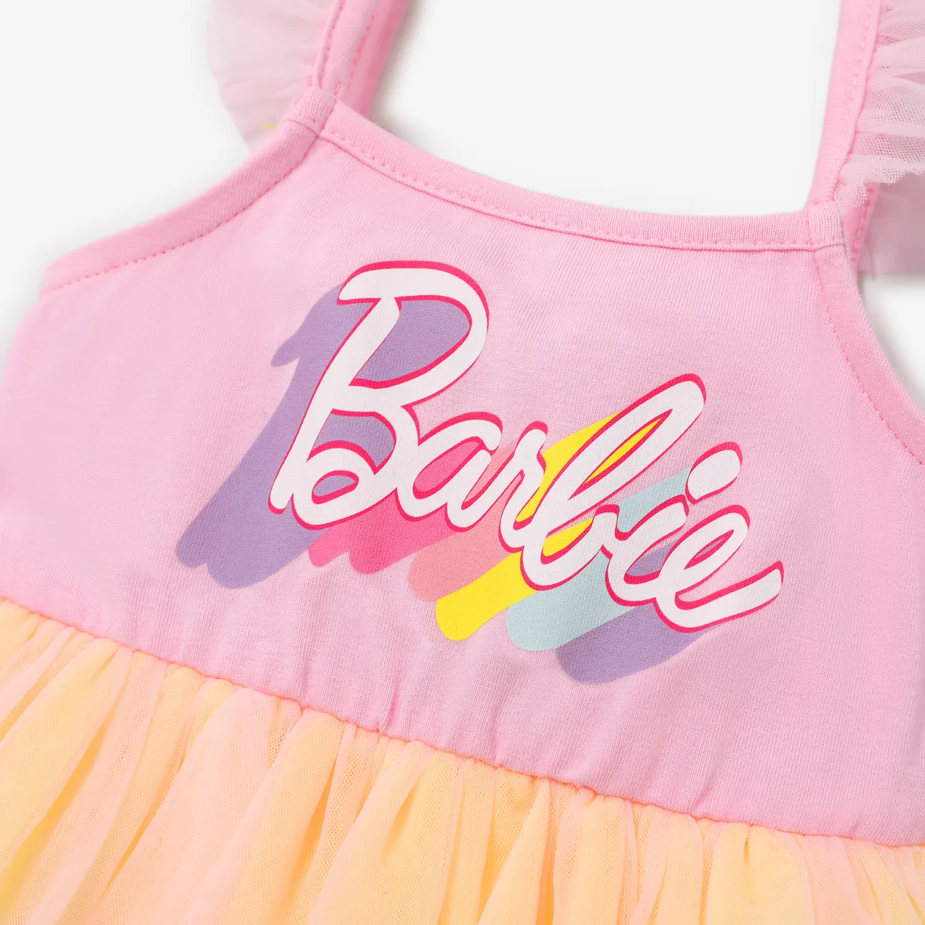 Barbie 1pc Baby/Toddler Girls Letter Gradient Rainbow Mesh Ruffled Dress Pink big image 1