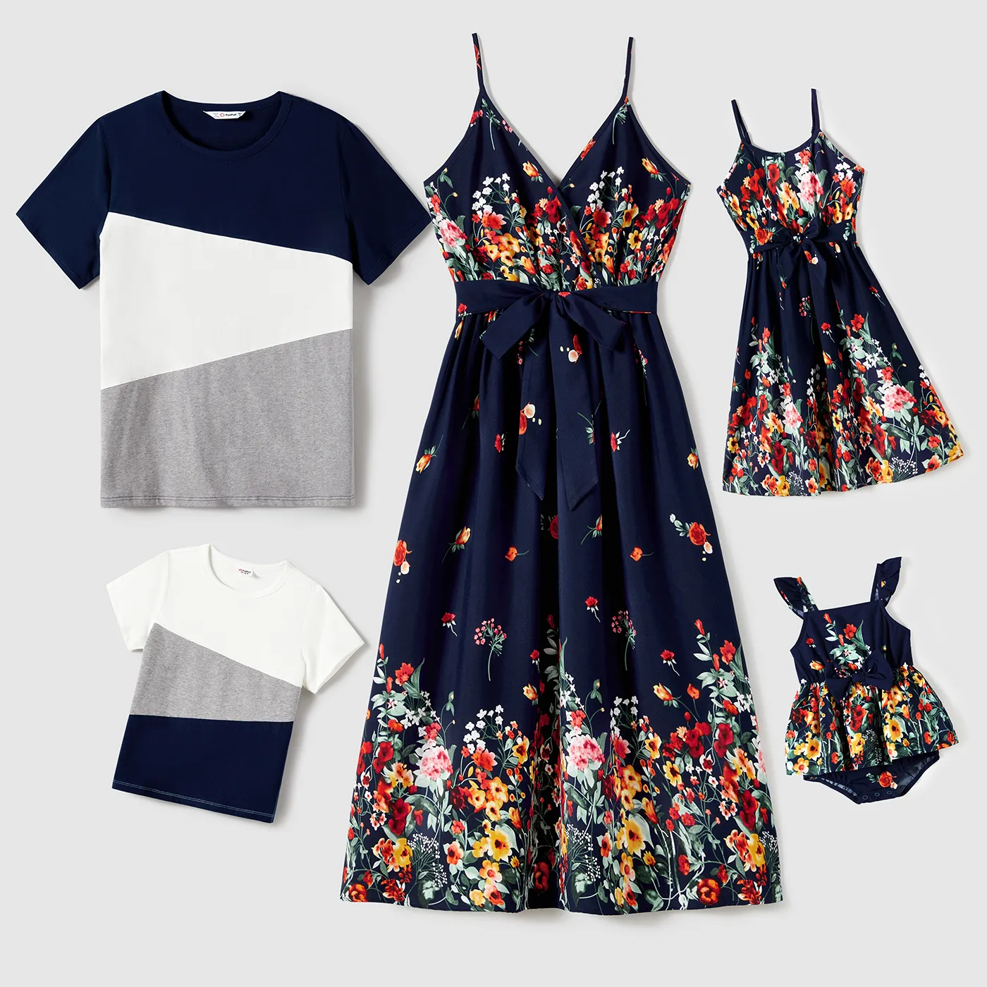 Family Matching Colorblock T-shirt And Floral V-neck Belted Slip Dress Set