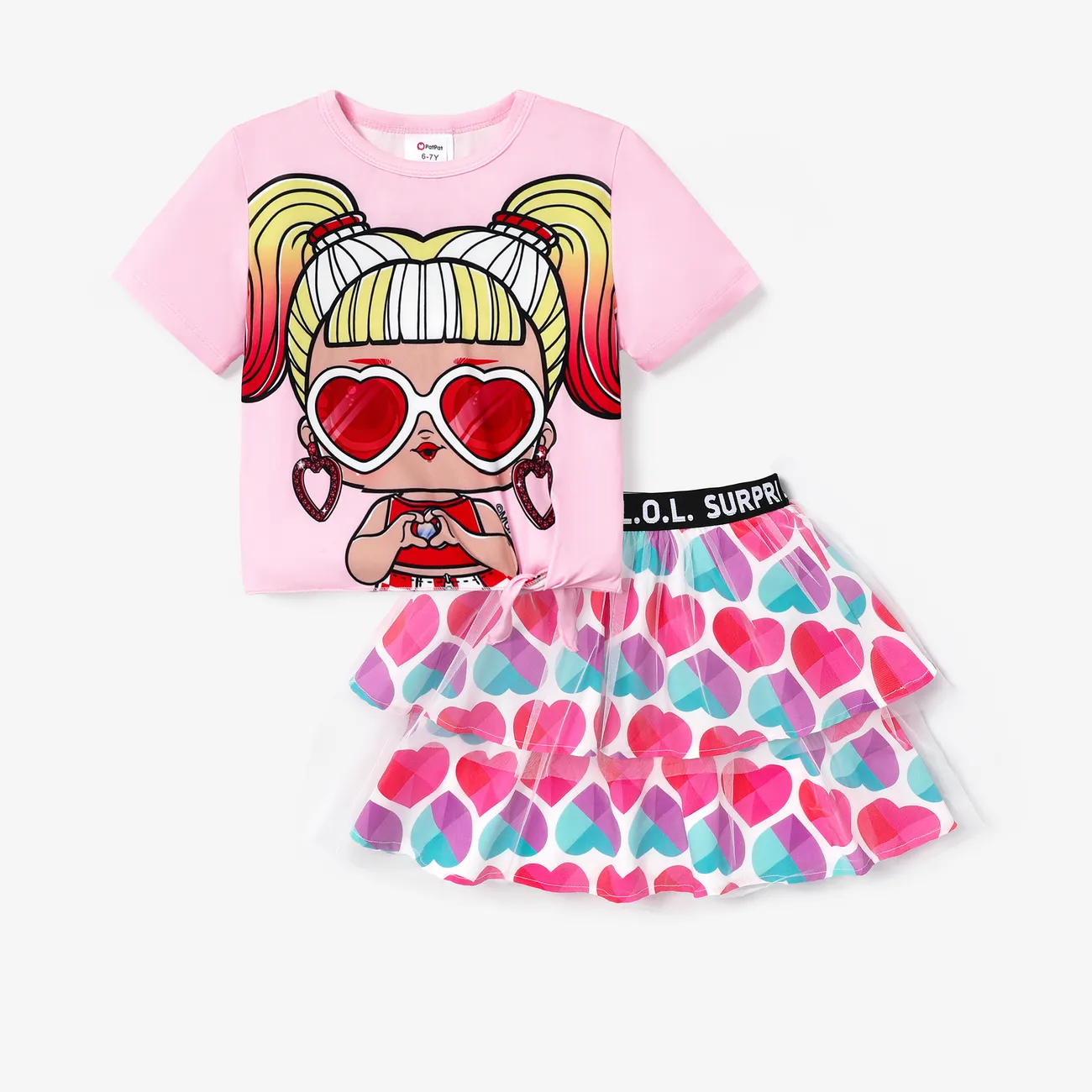 LOL Surprise Kids Girls Mother's Day 2pcs Character Print T-shirt with Sweet Mesh Skirt Set
 Pink big image 1