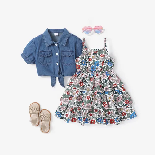 2pcs Toddler Girl Sweet Denim Jacket and Floral Dress Set