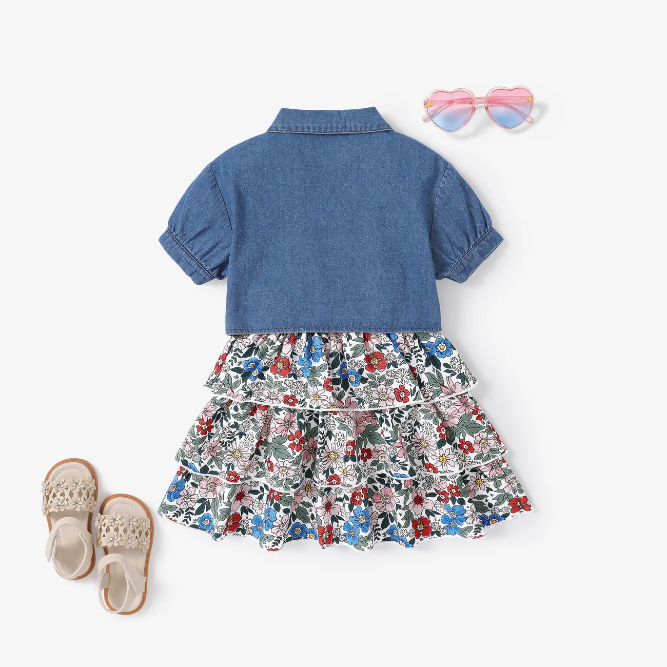 2pcs Toddler Girl Sweet Denim Jacket and Floral Dress Set Blue big image 1