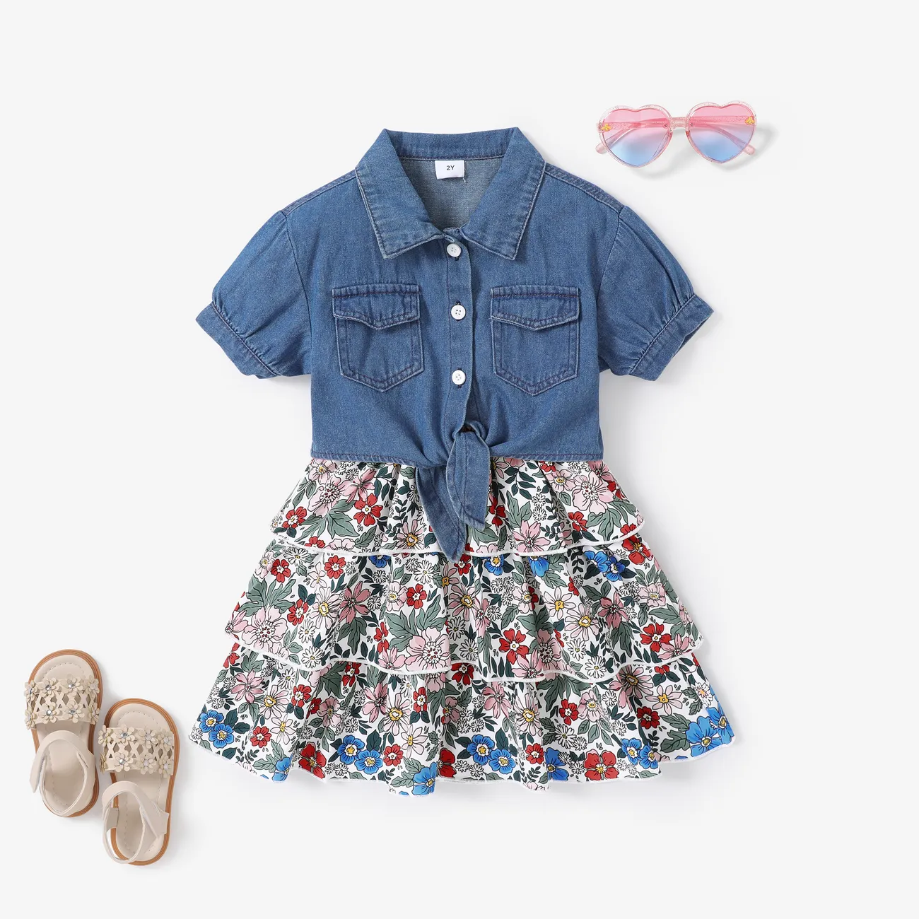 2pcs Toddler Girl Sweet Denim Jacket and Floral Dress Set Blue big image 1