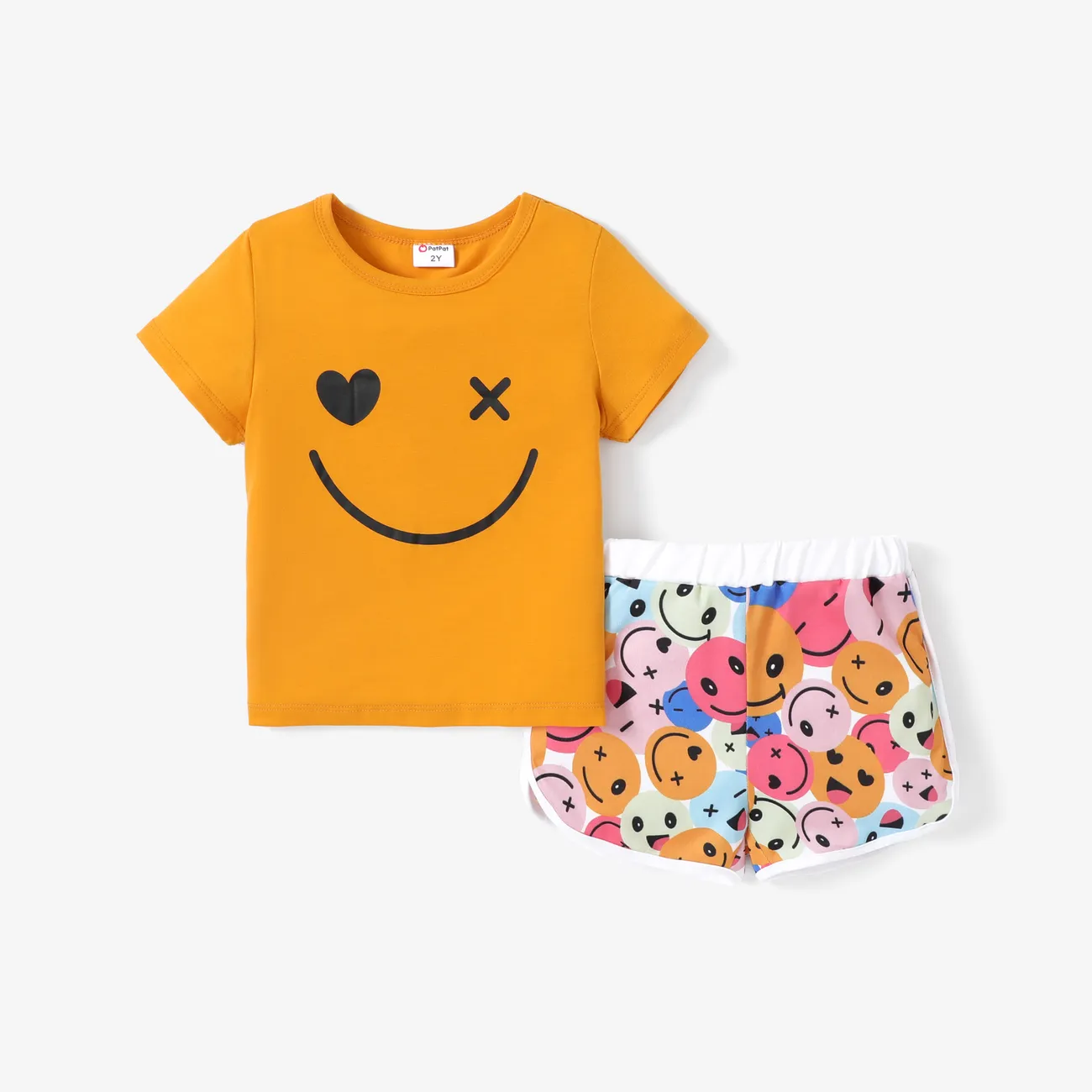 2pcs Toddler Girl Childlike Character Print Tee and Shorts Set  Yellow big image 1