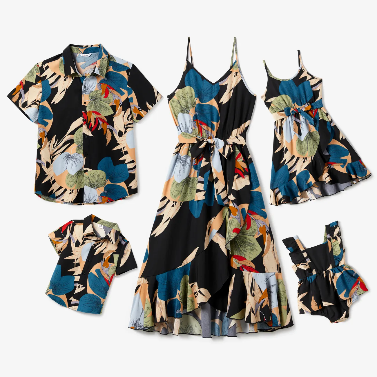 Family Matching Beach Shirt and Floral Chiffon Wrap Bottom Strap Dress Sets Deep Blue big image 1