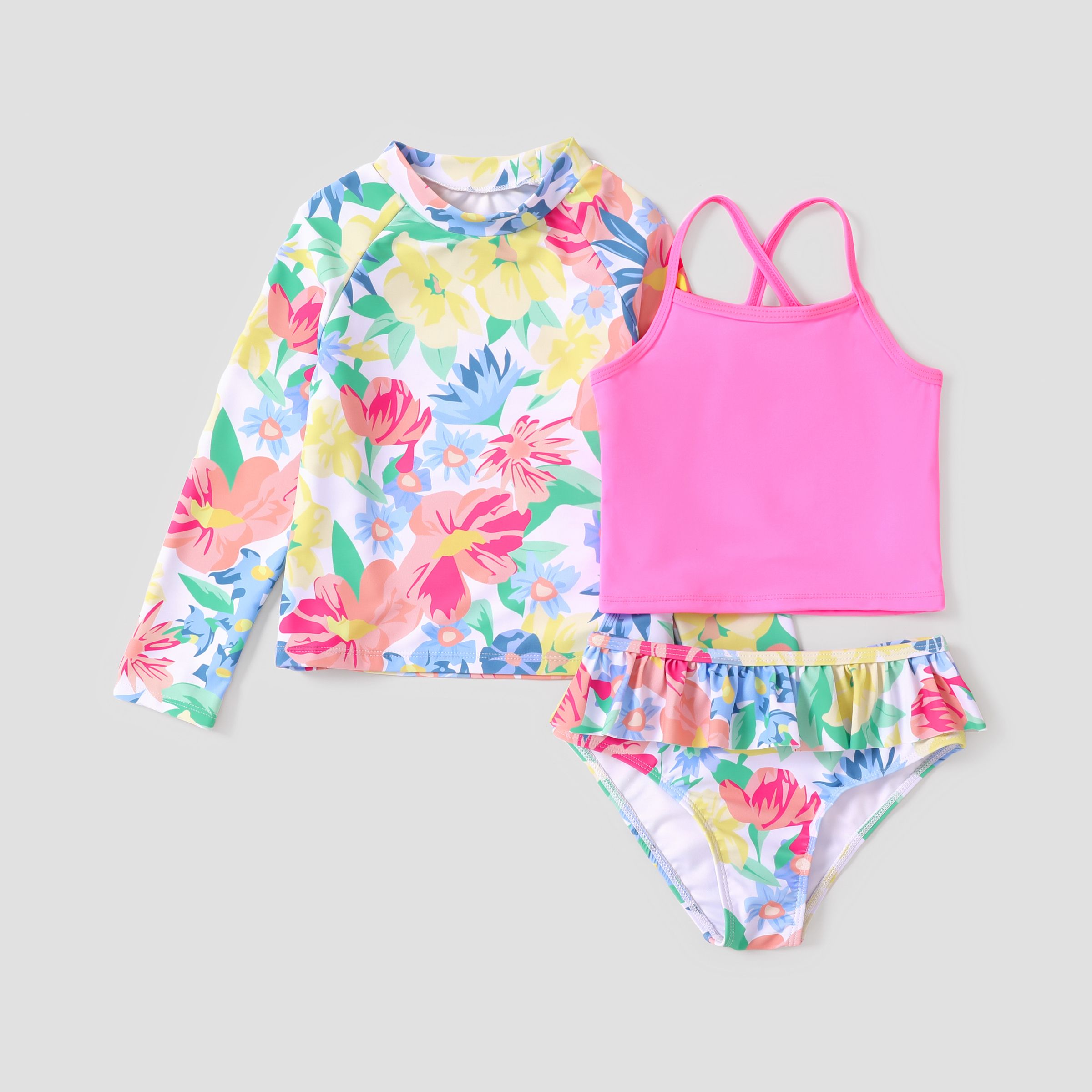 3pcs Kid Girl Sweet Tropical Print  Swimsuits Set