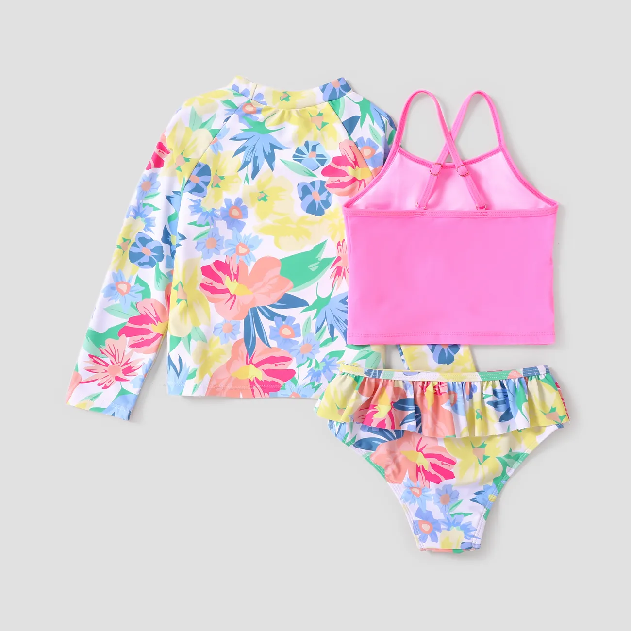 3pcs Kid Girl Sweet Tropical Print  Swimsuits Set Pink big image 1