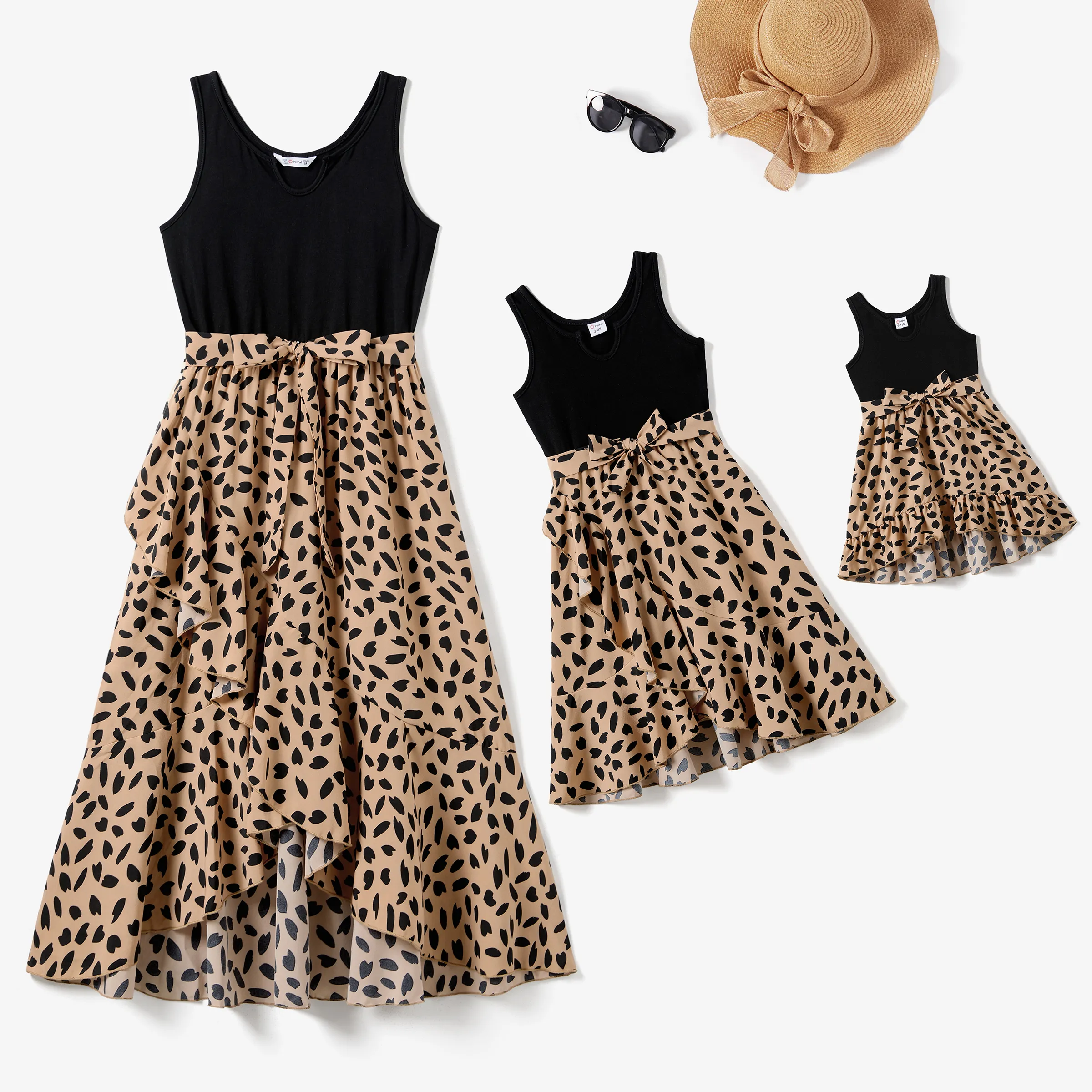 Mommy And Me Black Tank Top Splicing Leopard Print Frill Wrap Dresses
