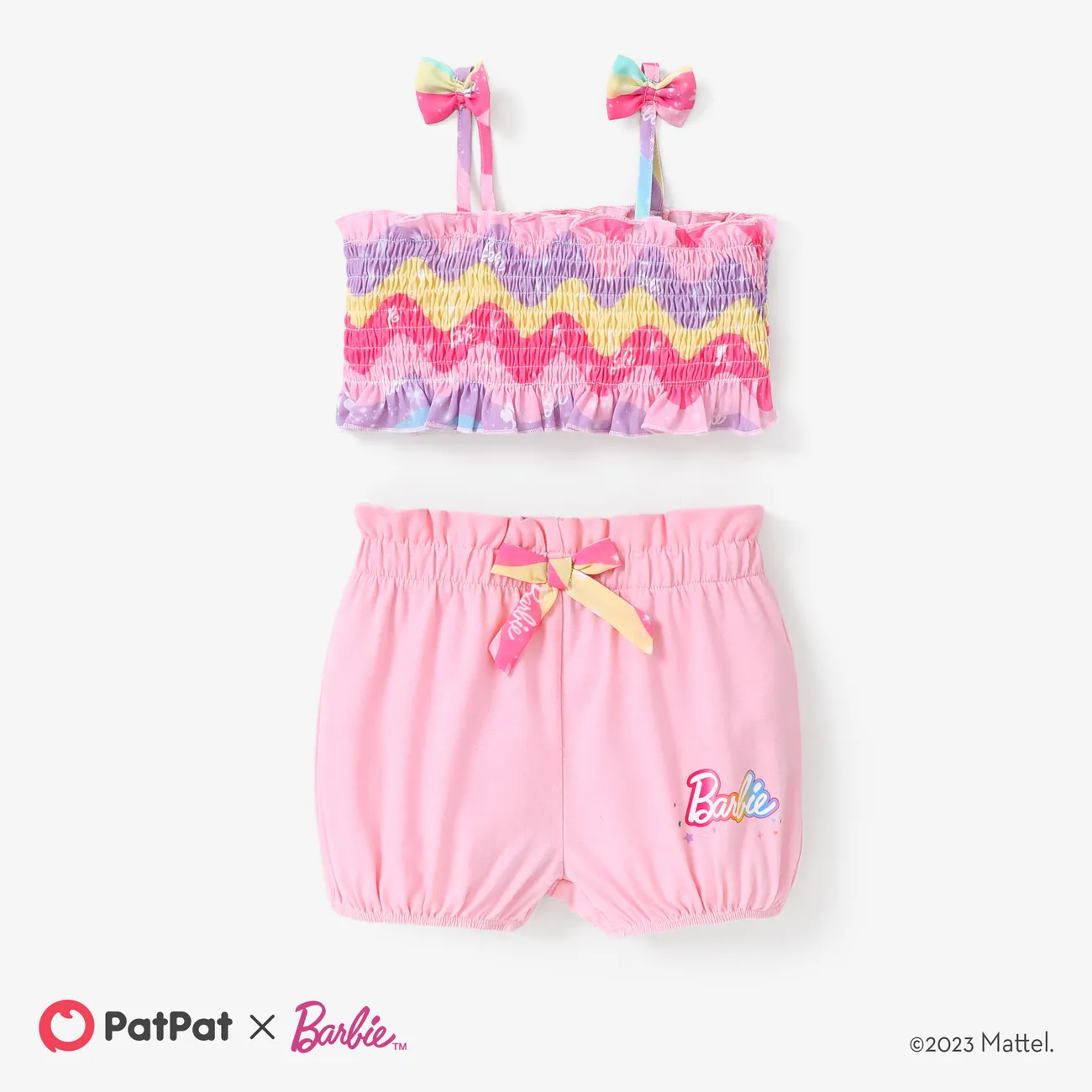 Barbie 2pcs Baby/Toddler Girls Top with All-over Heart/Colorful printed Bow Camisole and Soft Cotton Lantern Shorts Set
 Light Pink big image 1