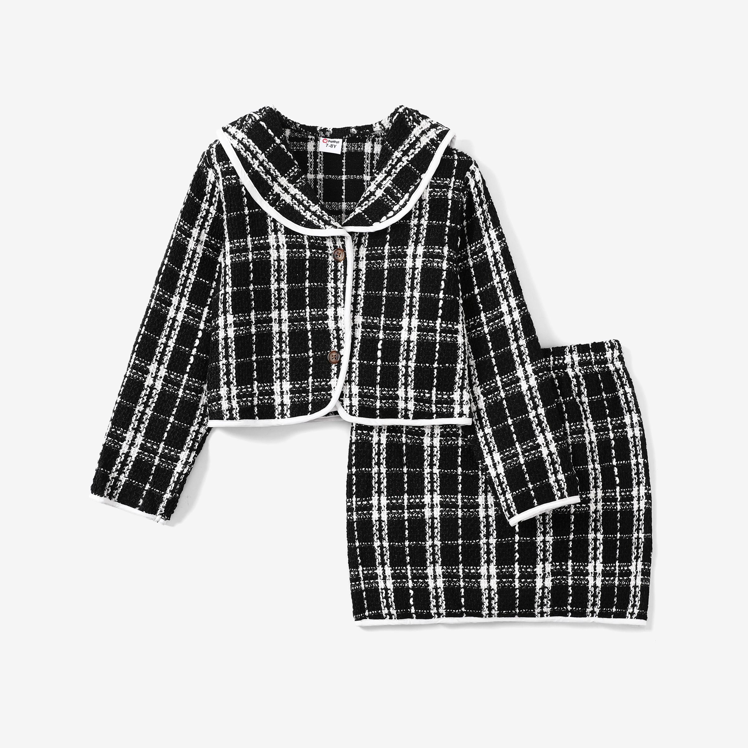 2PCS Kid Girl Lapel Design Classic Grid Skirt Set