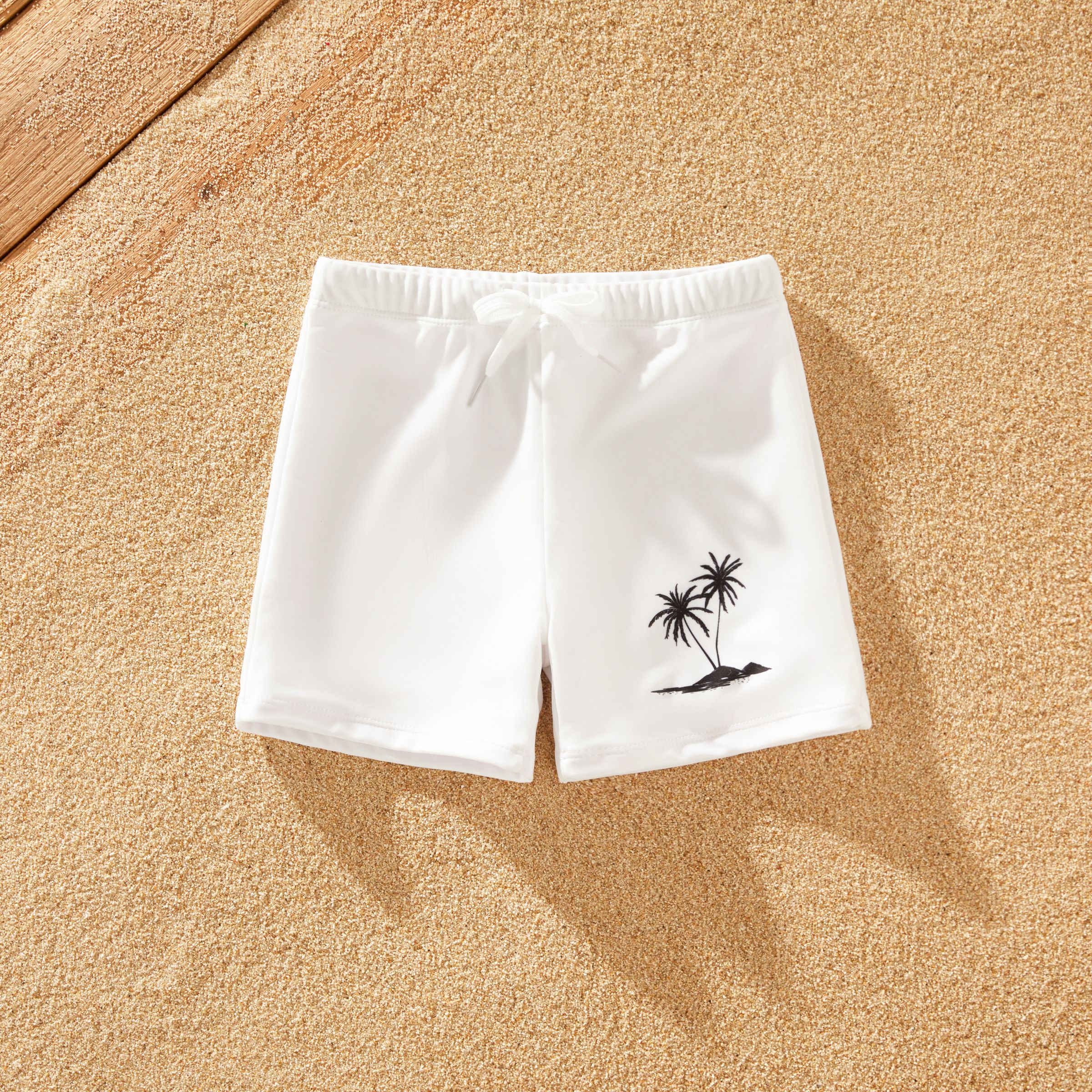 Family Matching Drawstring Swim Trunks or White Bow Accent Eyelet Strap One-Piece Swimsuit