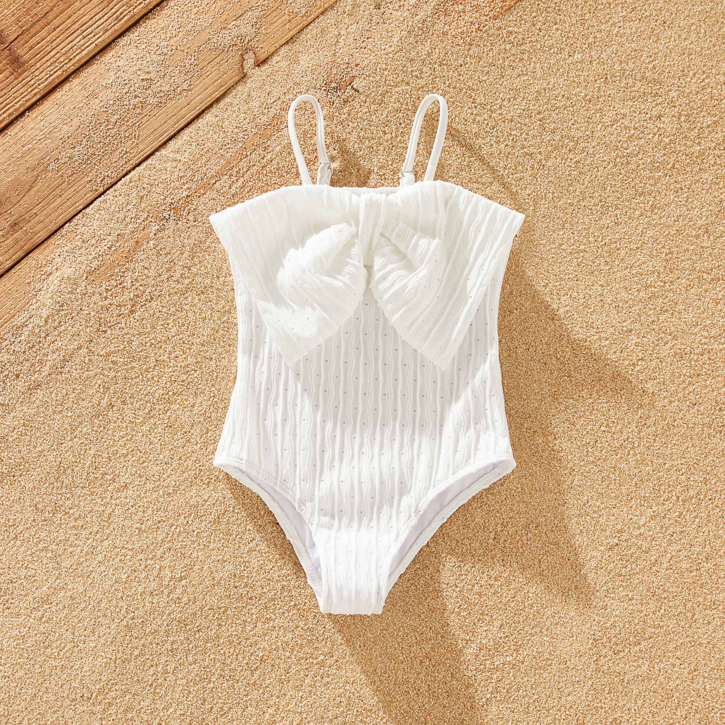Family Matching Drawstring Swim Trunks Or White Bow Accent Eyelet Strap Swimsuit